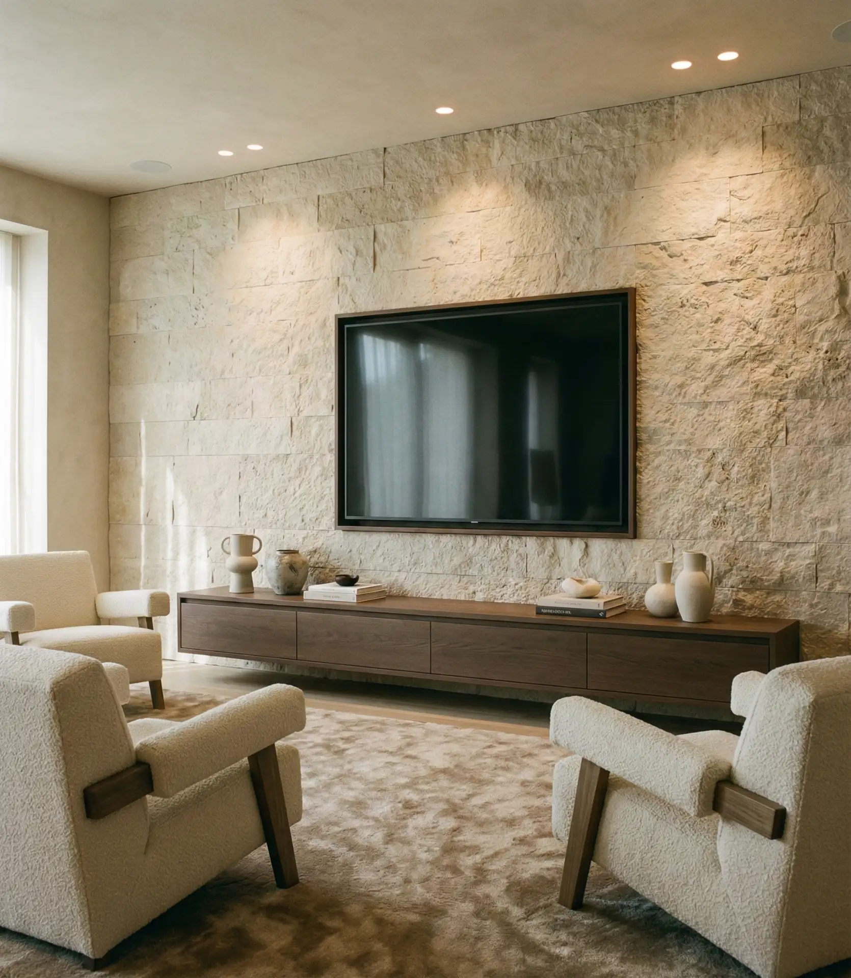 Luxury Living Room with Full-Wall Stone Cladding 1