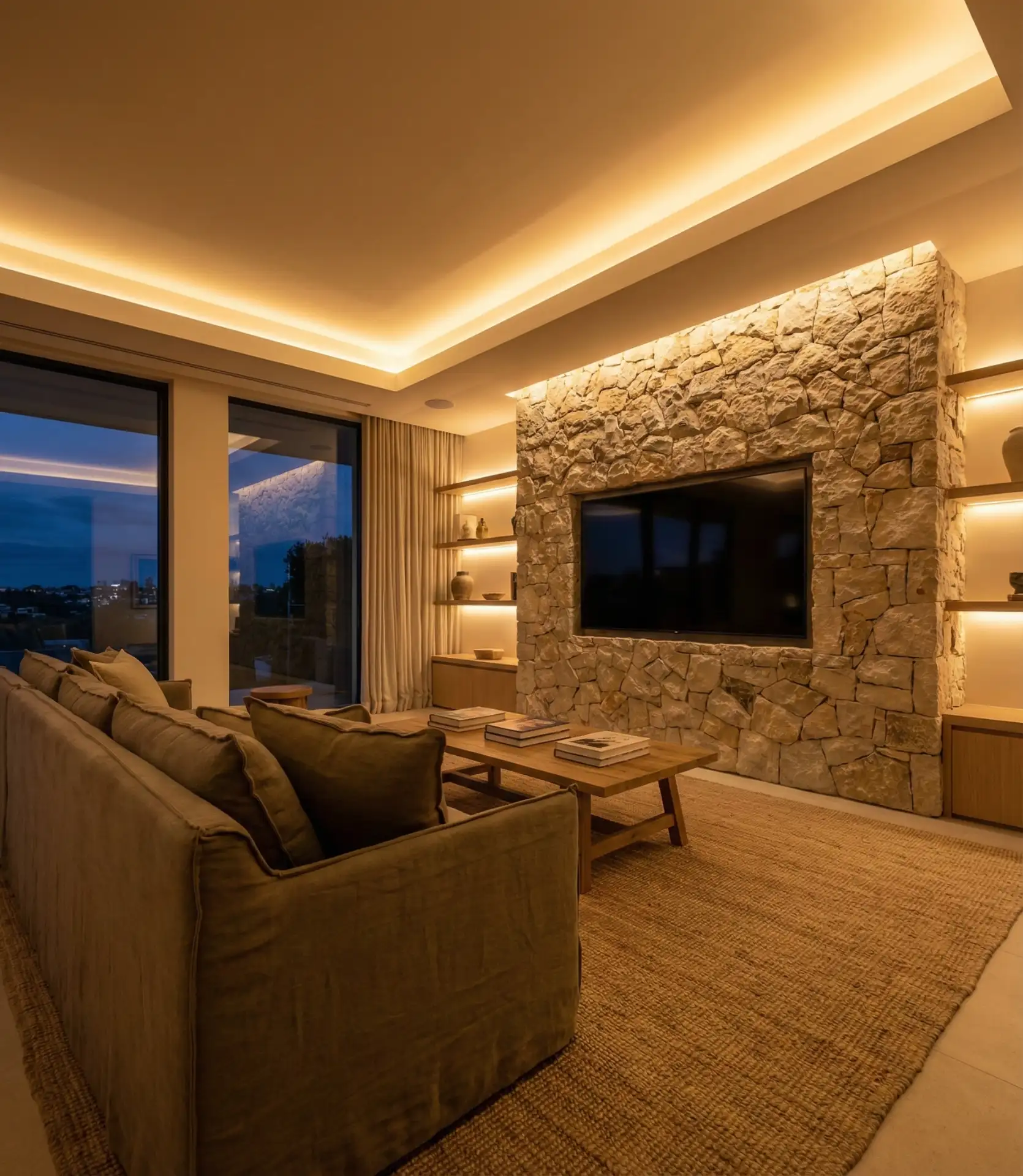 Luxury Living Room with Full-Wall Stone Cladding 2