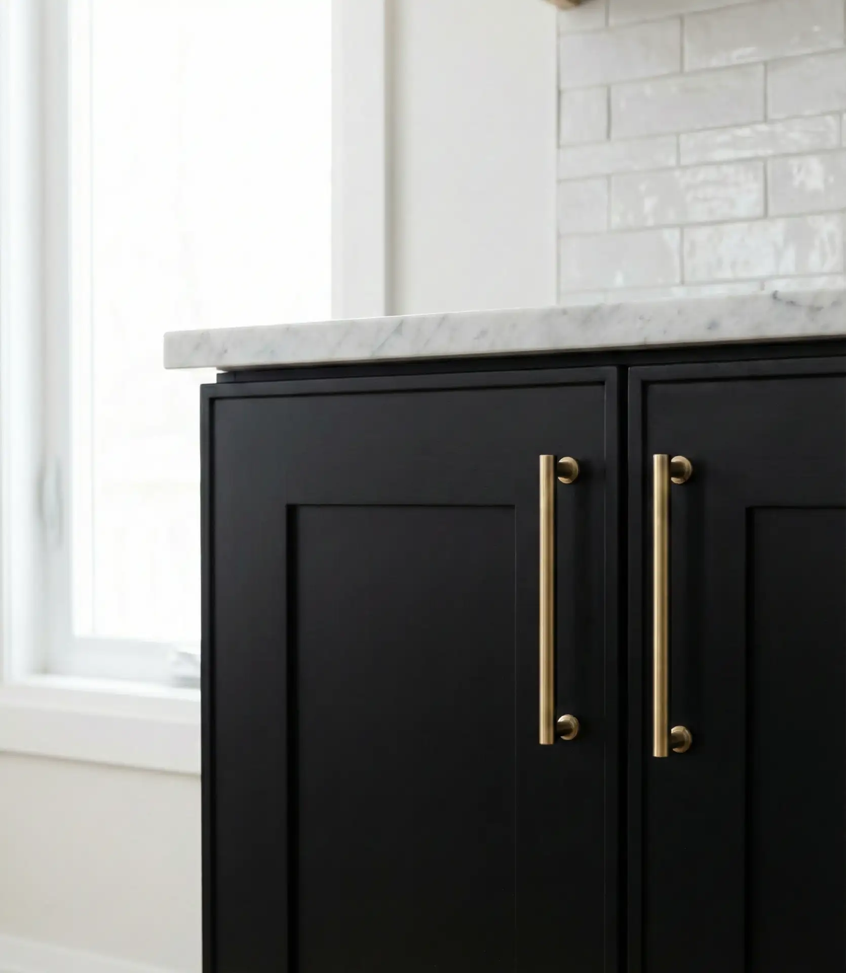 Matte Black Cabinets with White Marble Countertops 1