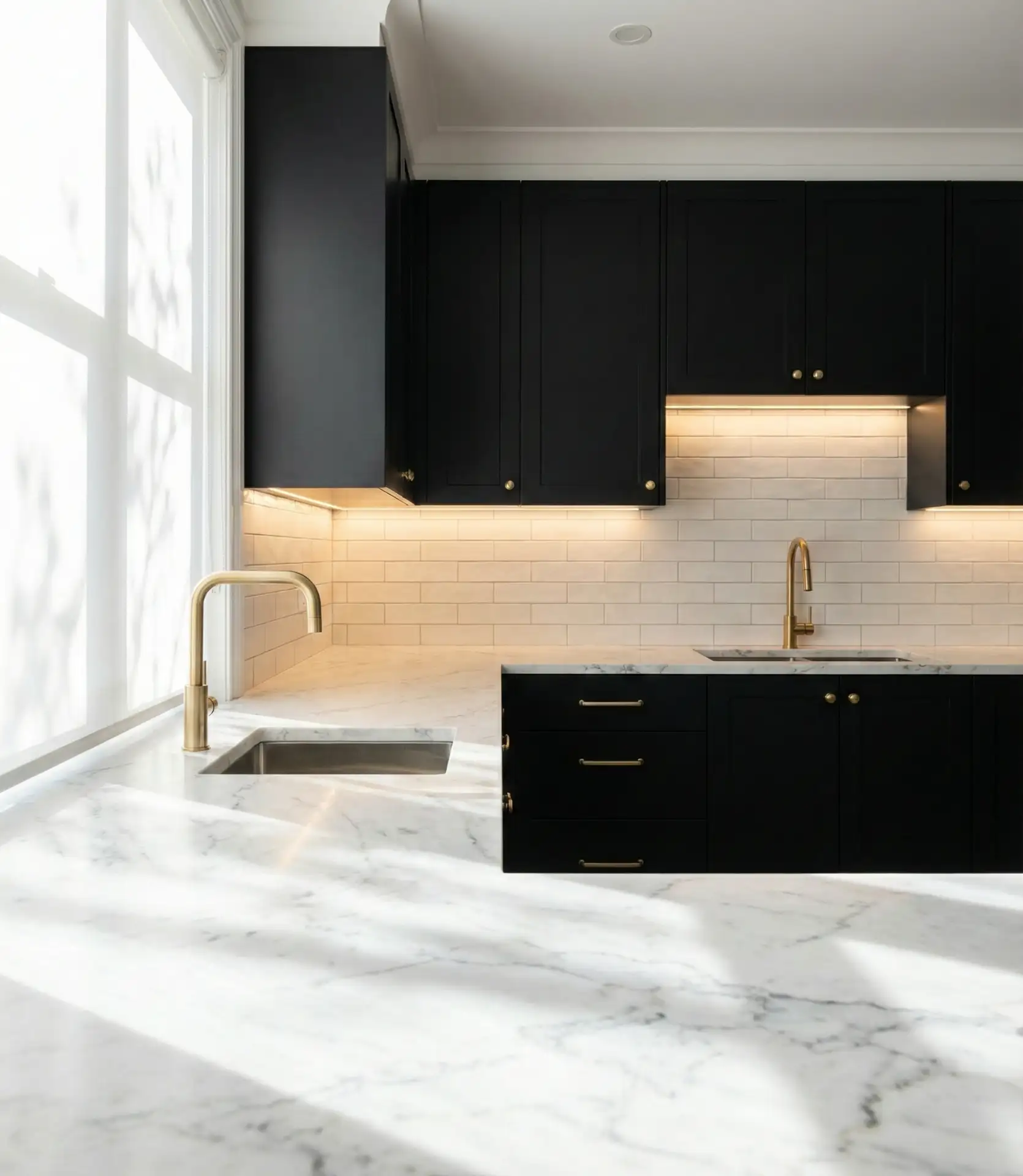 Matte Black Cabinets with White Marble Countertops 2