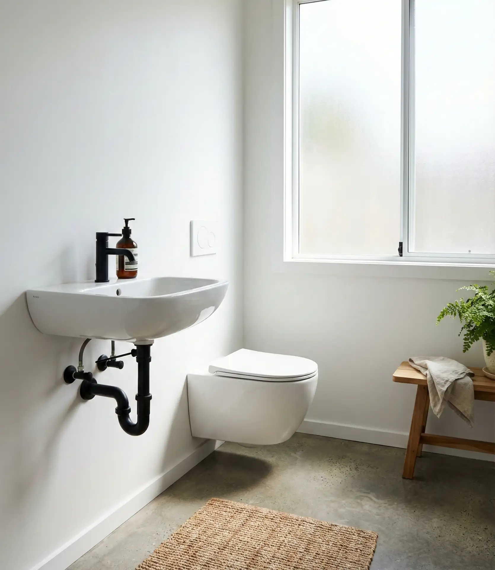 Minimalist Floating Toilet and Wall-Hung Sink 1