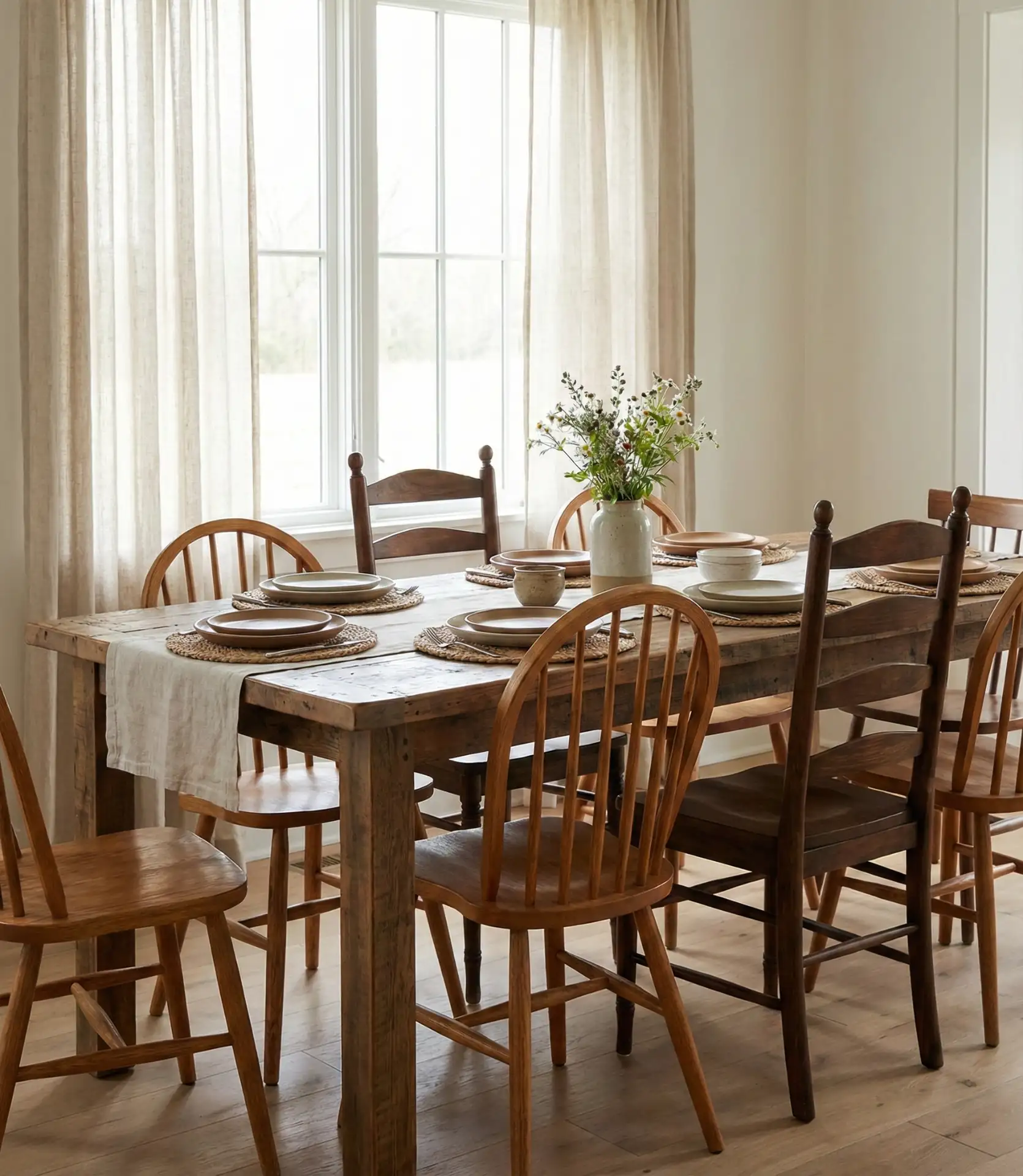 Mismatched Vintage Wooden Chairs Around Farmhouse Tables 2