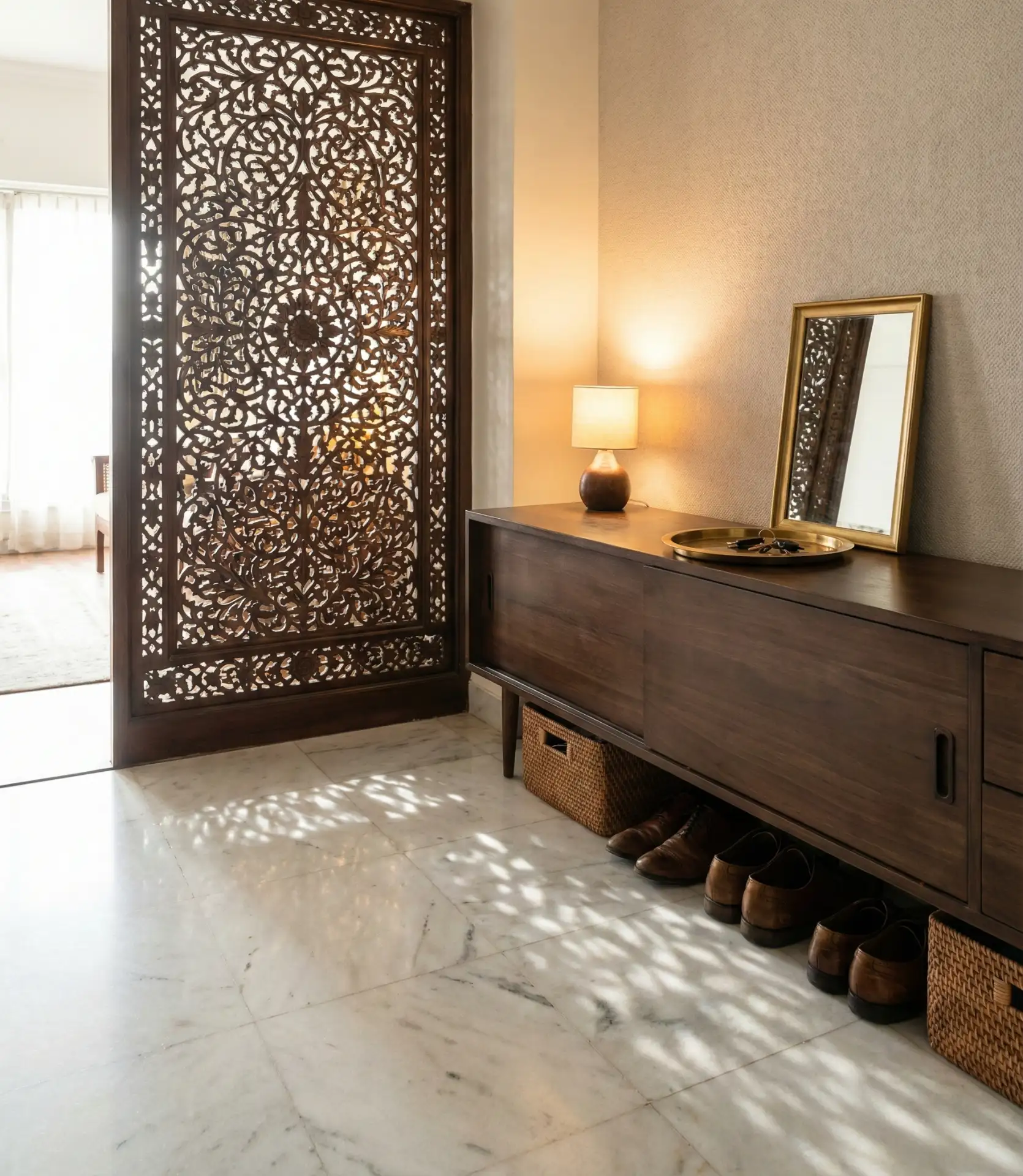 Modern Indian Apartment Entryway with Jali Screen 1