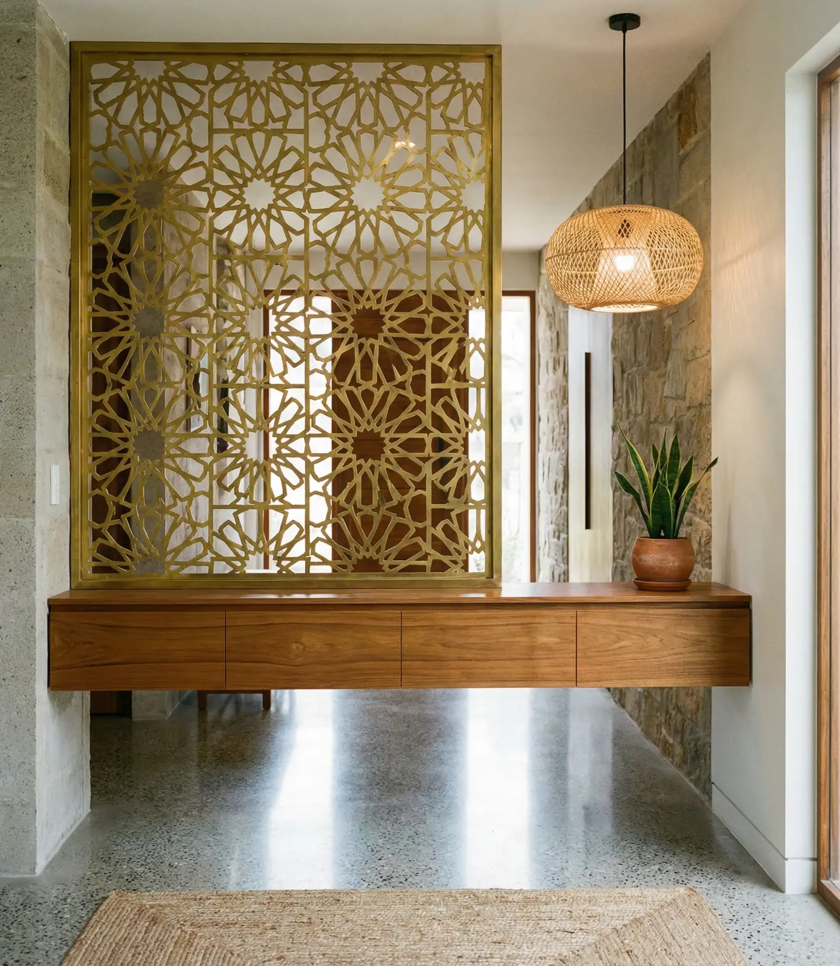 Modern Indian Apartment Entryway with Jali Screen 2