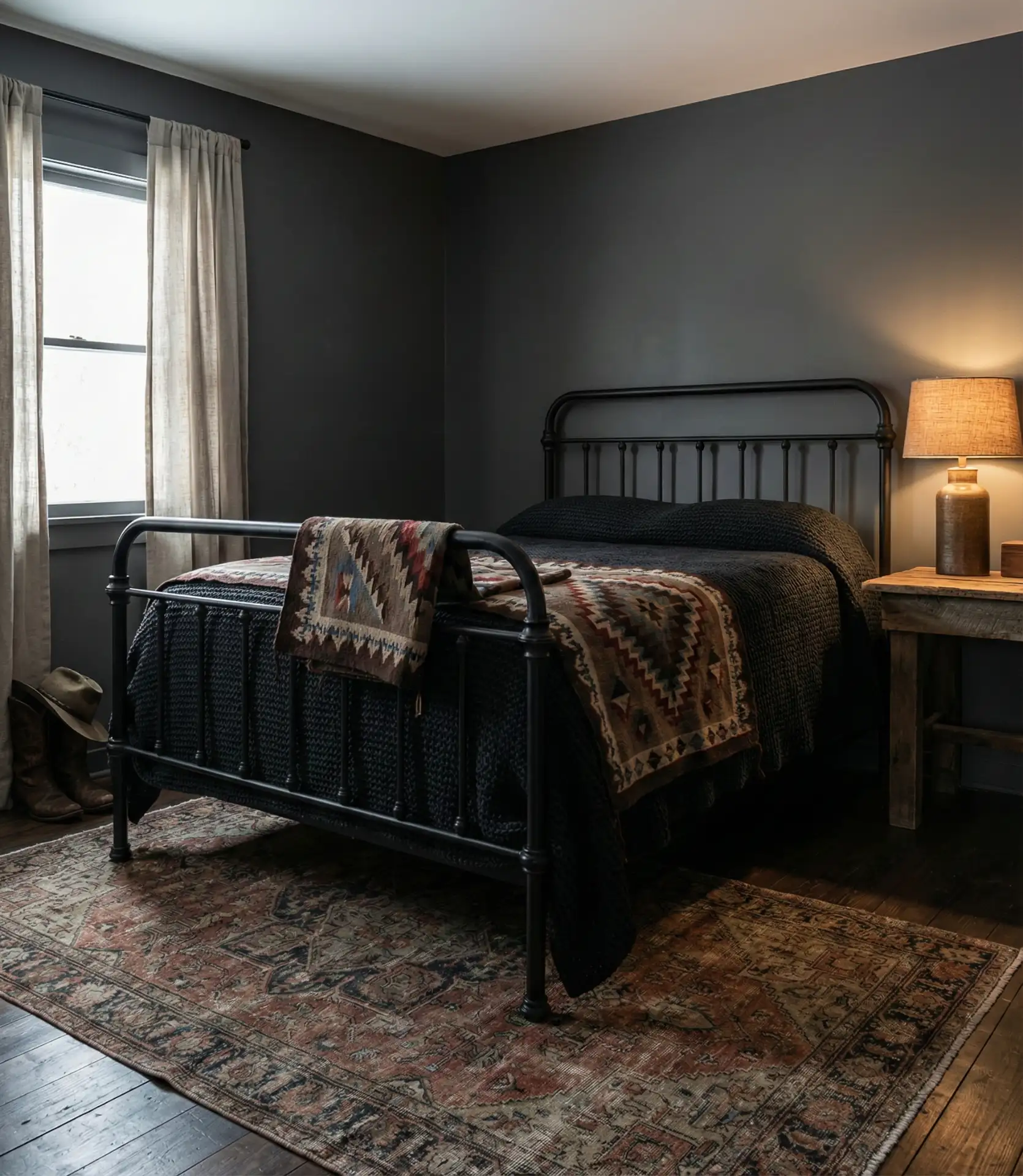 Moody Bedroom with Black Accents and Vintage Textiles 1
