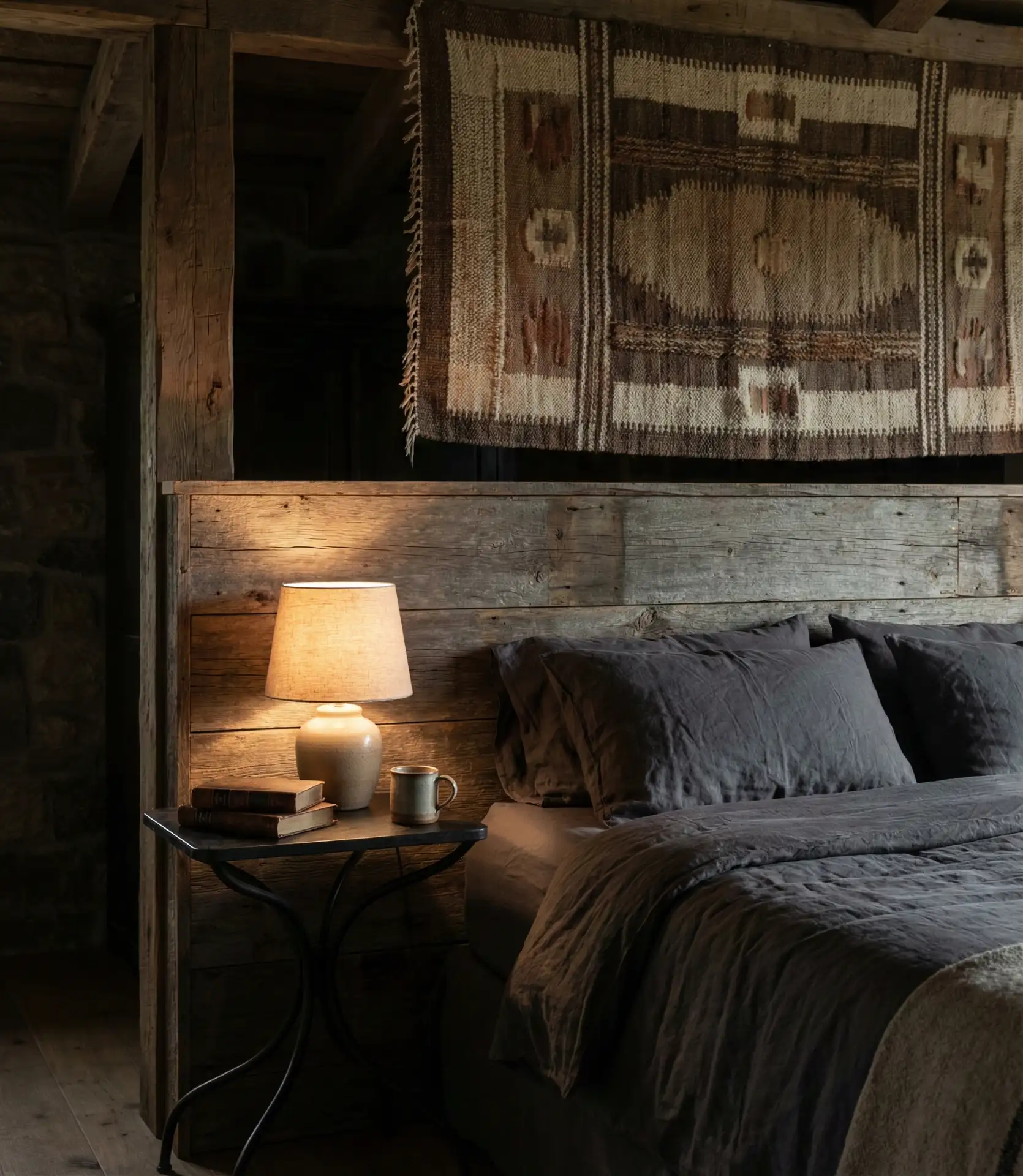 Moody Bedroom with Black Accents and Vintage Textiles 2