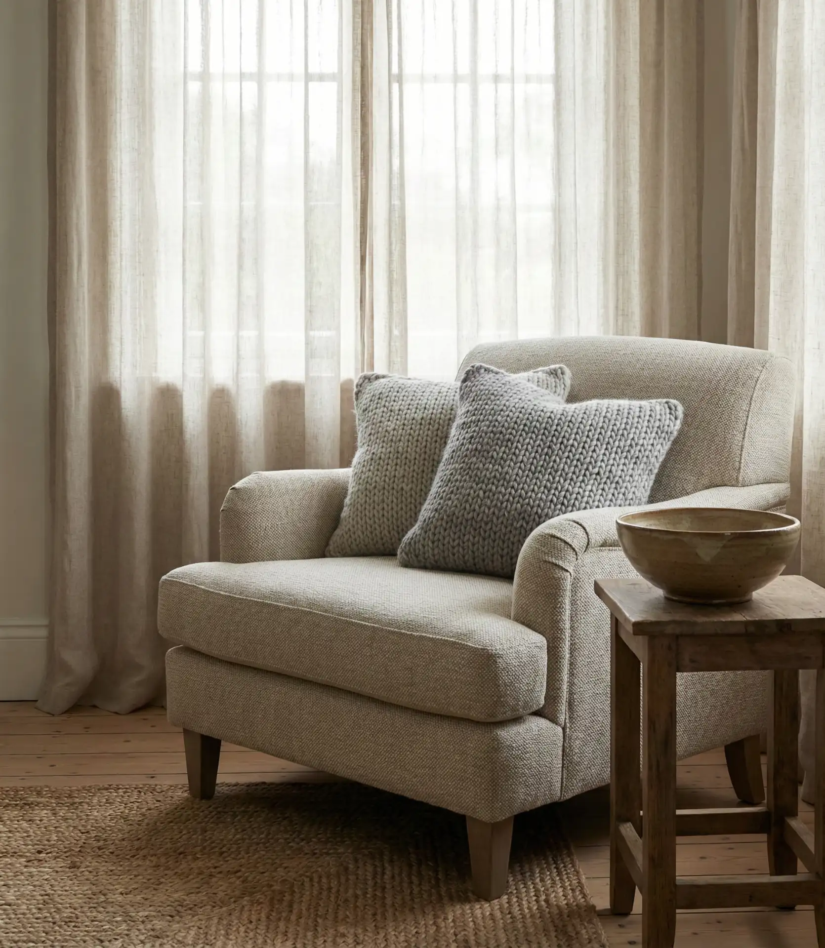 Neutral Cottage Living Room with Textural Layers 1