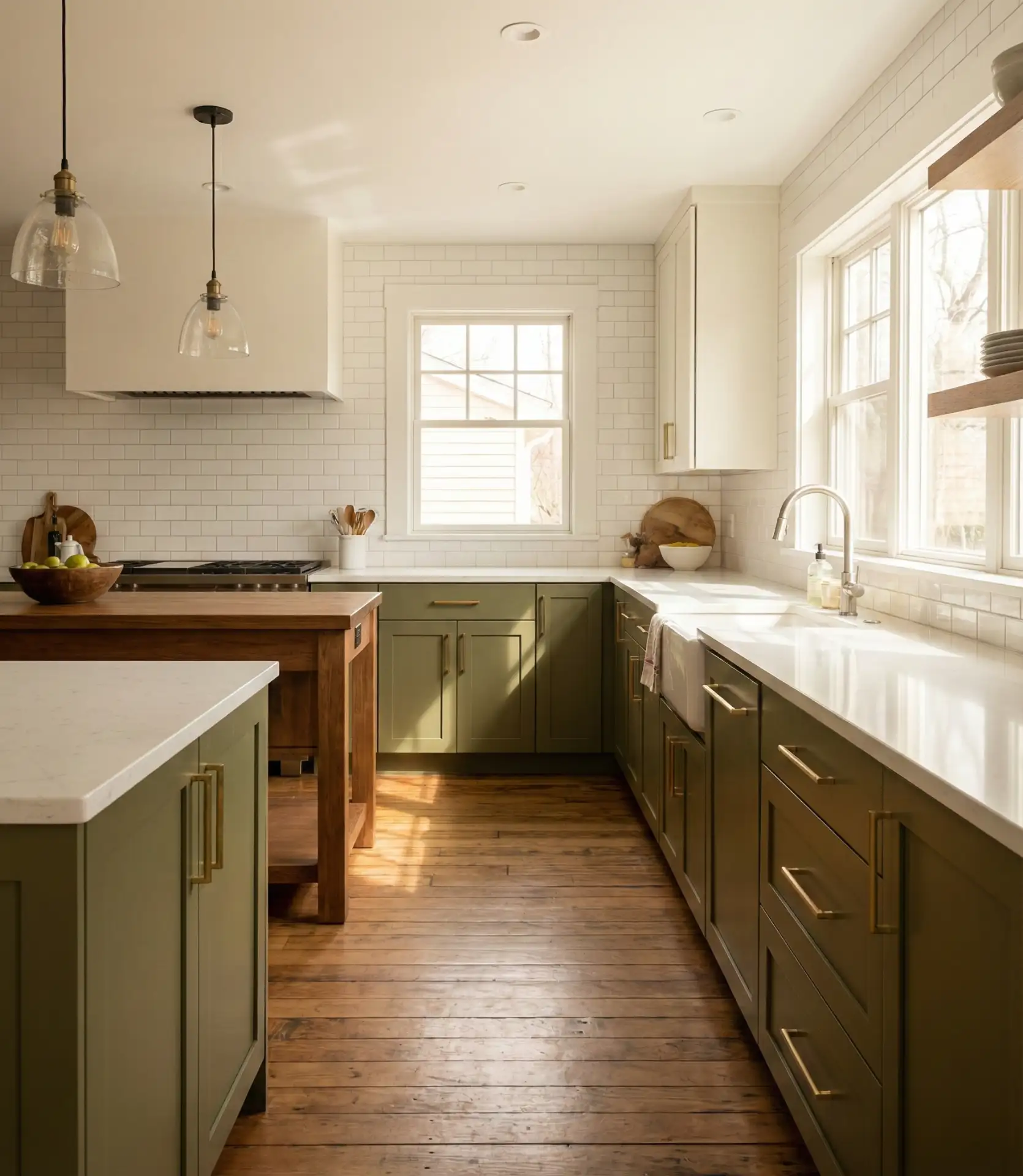 Olive Green Cabinets with Brass Hardware 1