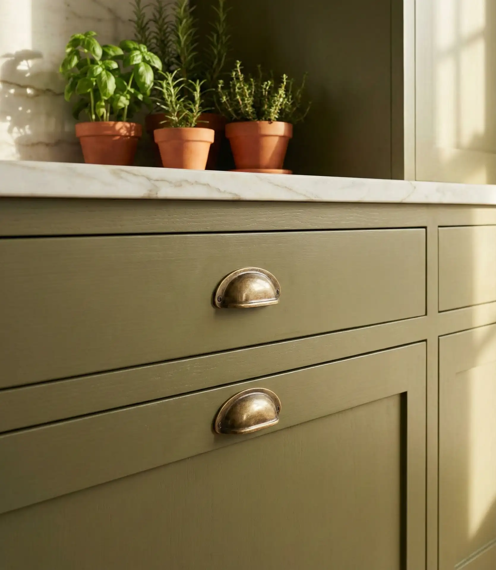 Olive Green Cabinets with Brass Hardware 2