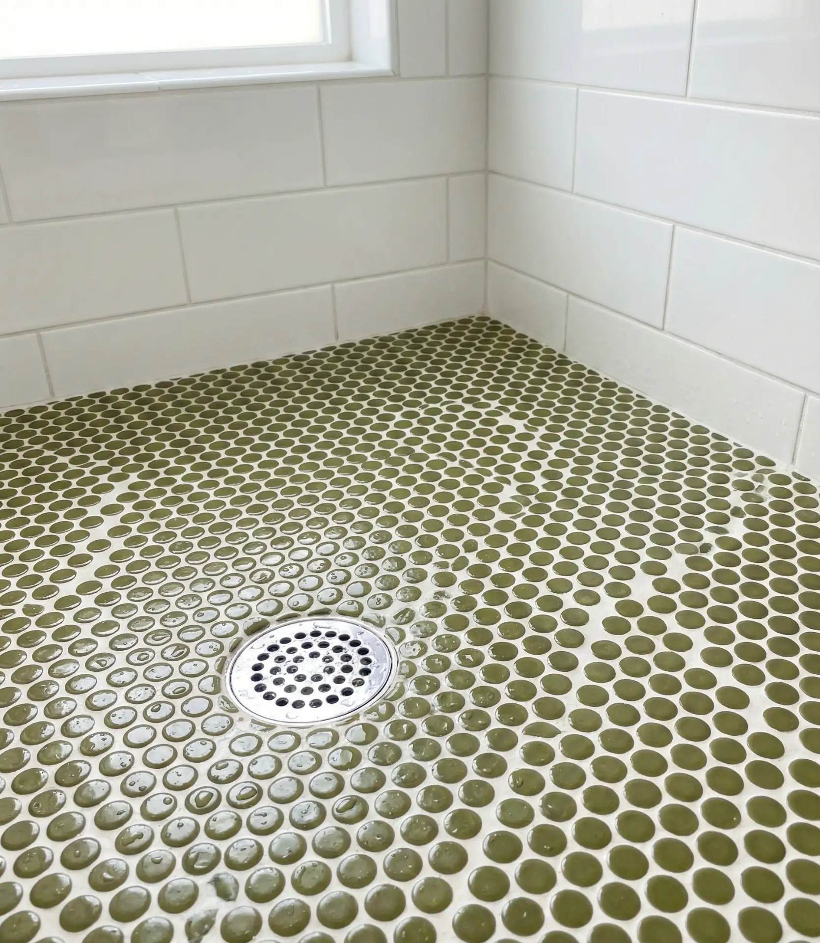 Olive Green Penny Tile Shower Floor 1