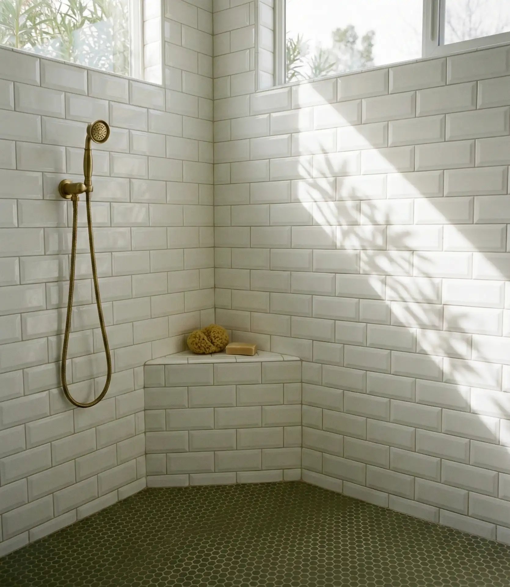 Olive Green Penny Tile Shower Floor 2