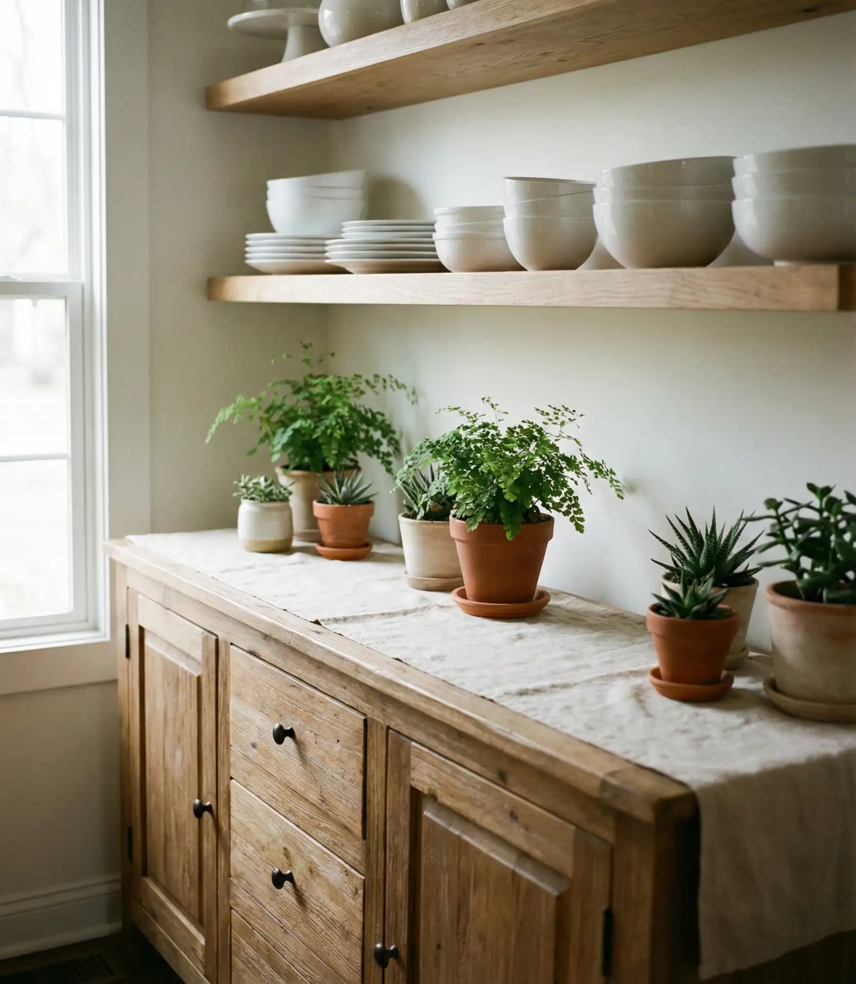 Open Shelving Display Above Buffet Console 1