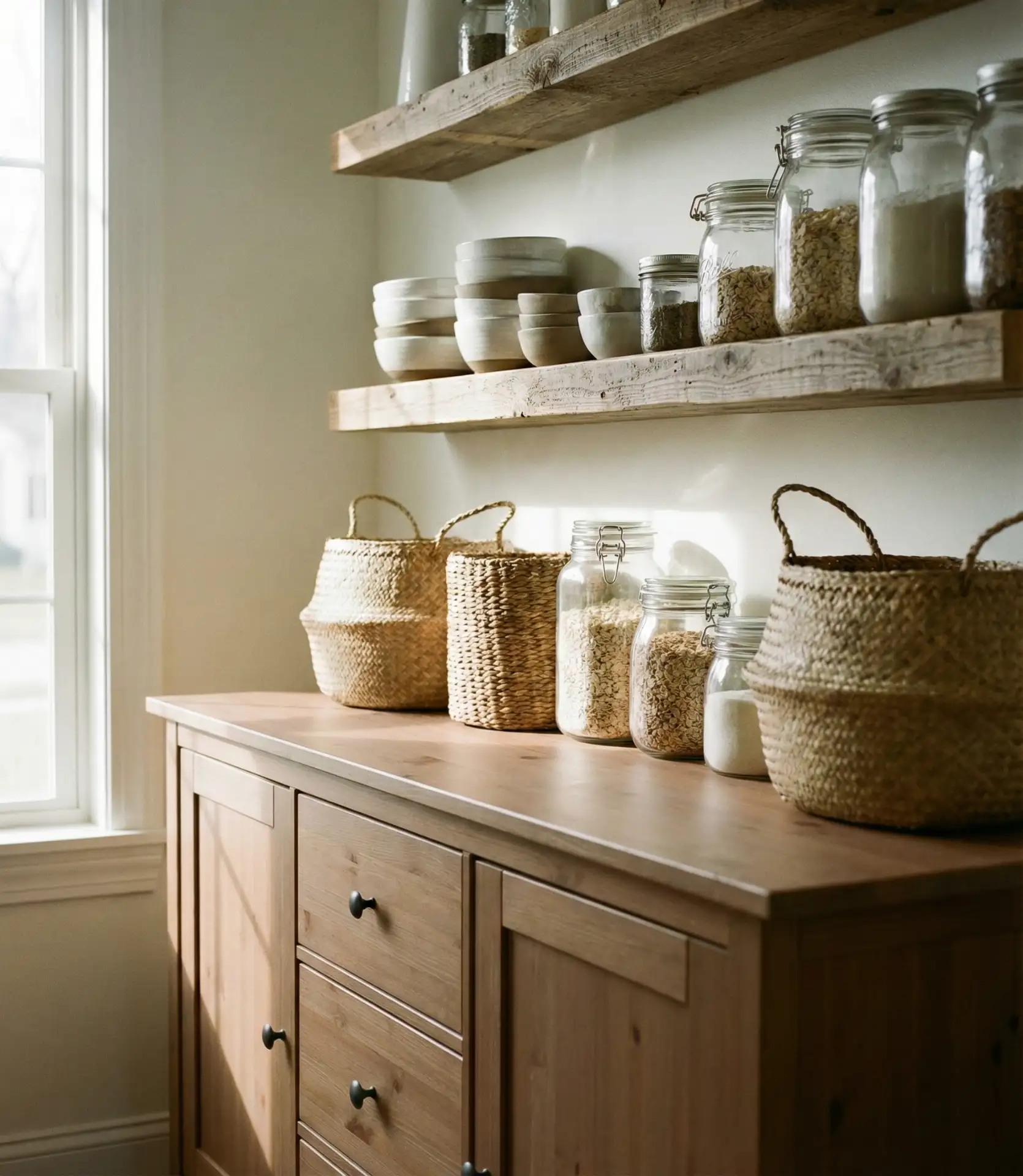 Open Shelving Display Above Buffet Console 2