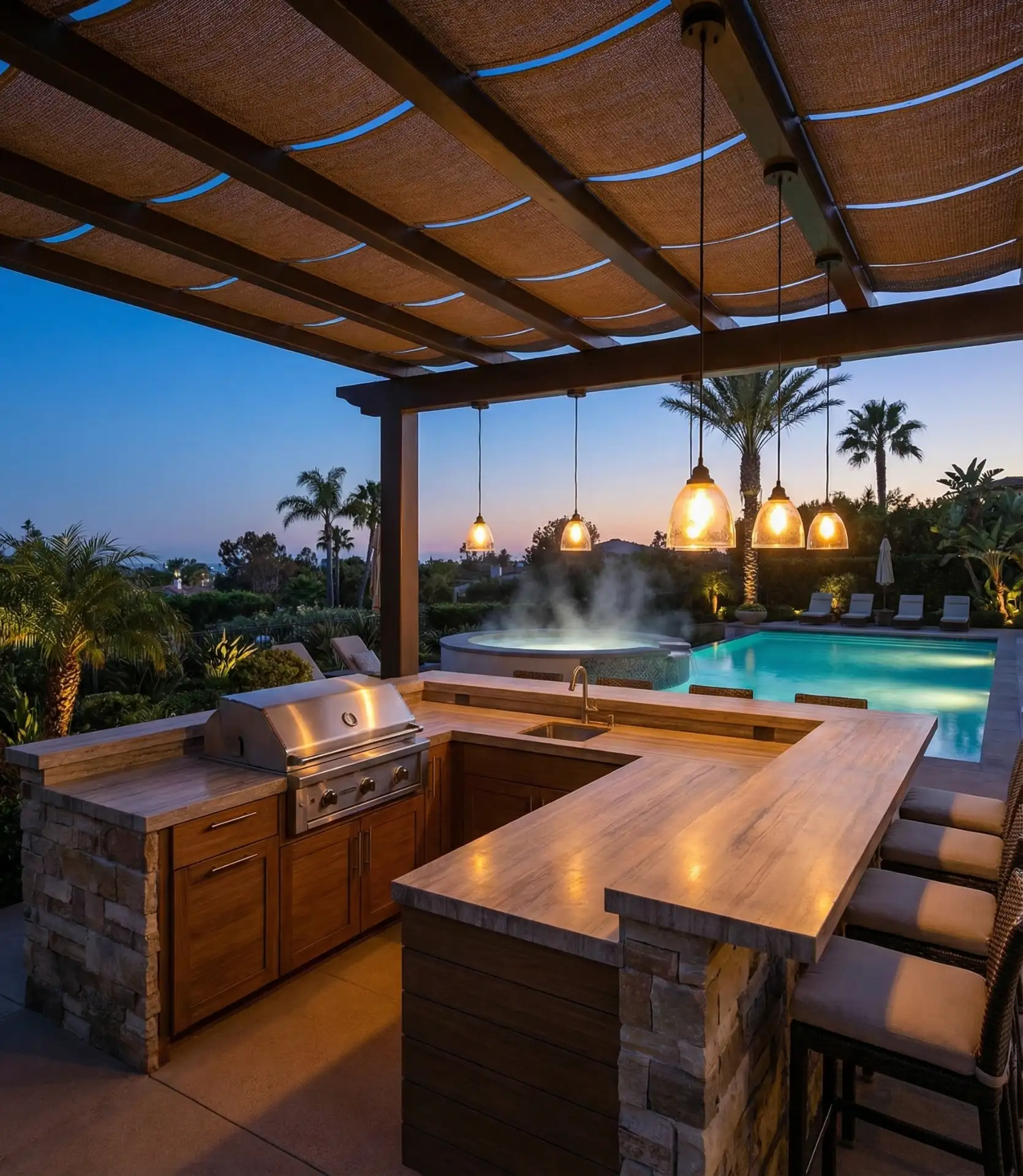 Outdoor Kitchen with Pool and Hot Tub Views 1