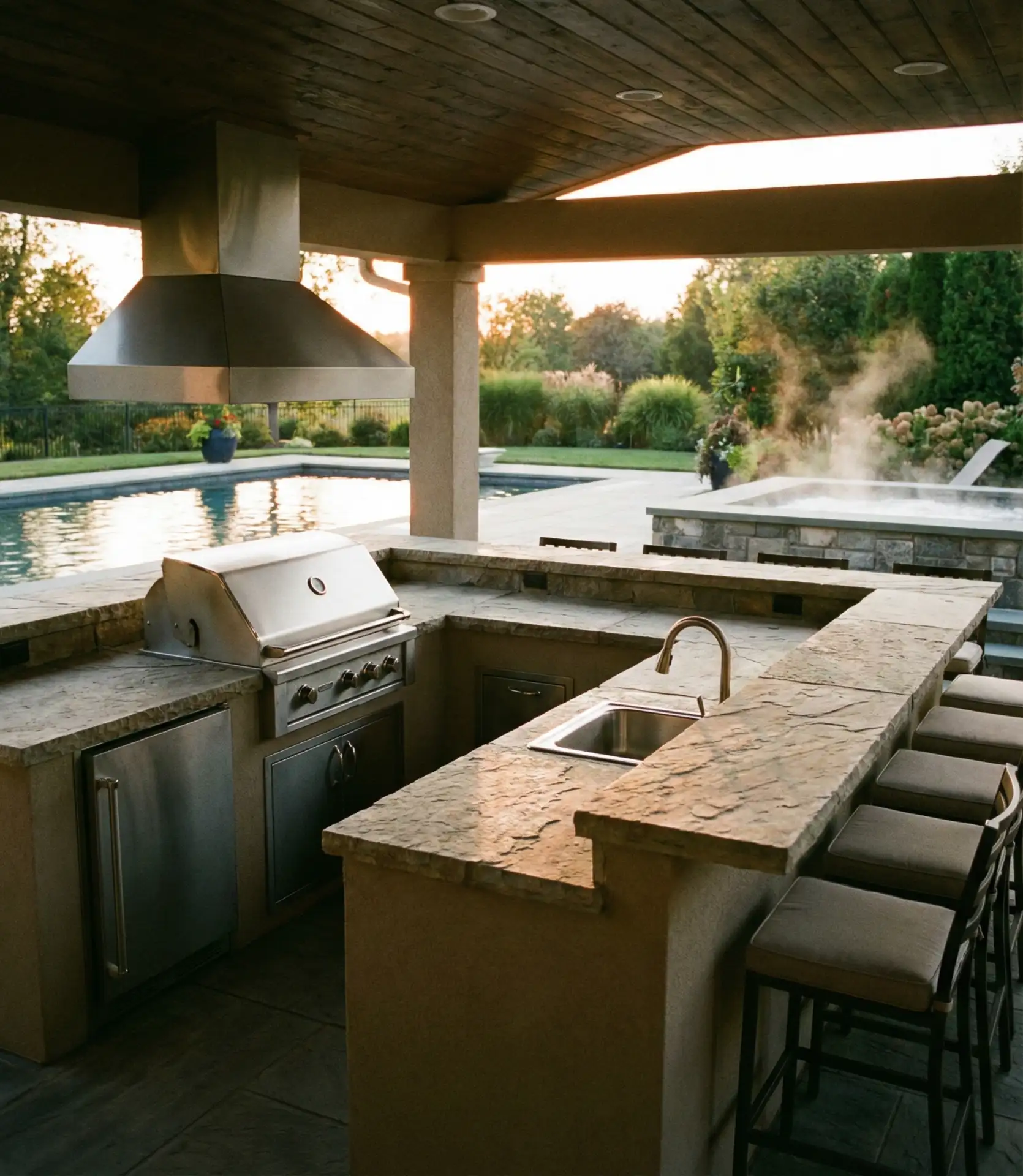 Outdoor Kitchen with Pool and Hot Tub Views 2