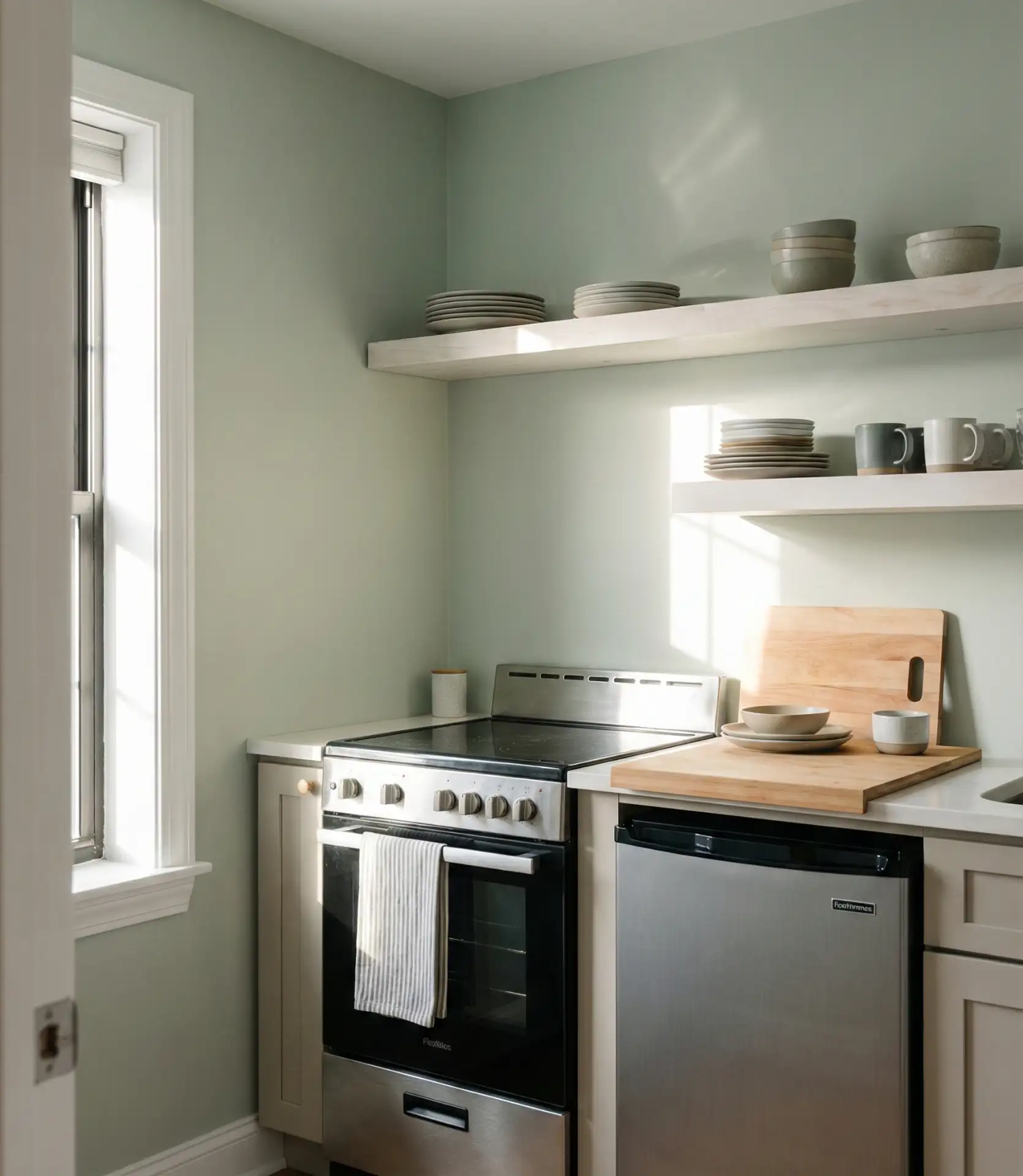 Pastel Sage Walls in a Small Apartment Kitchen 2