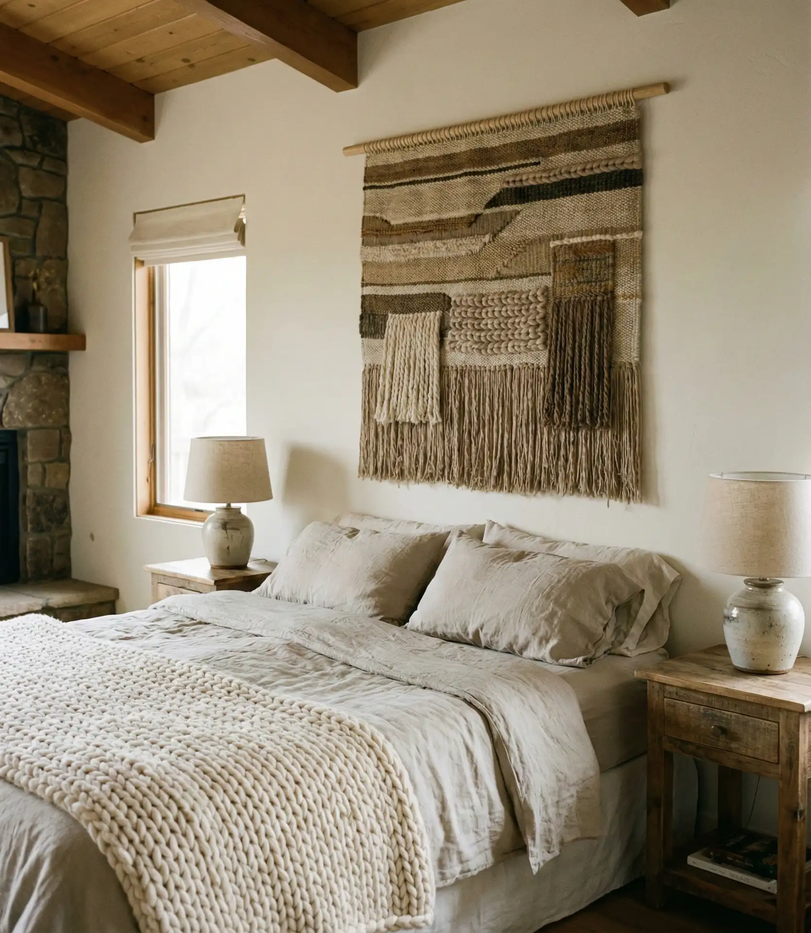 Ranch Style Bedroom with Woven Wall Hangings 1