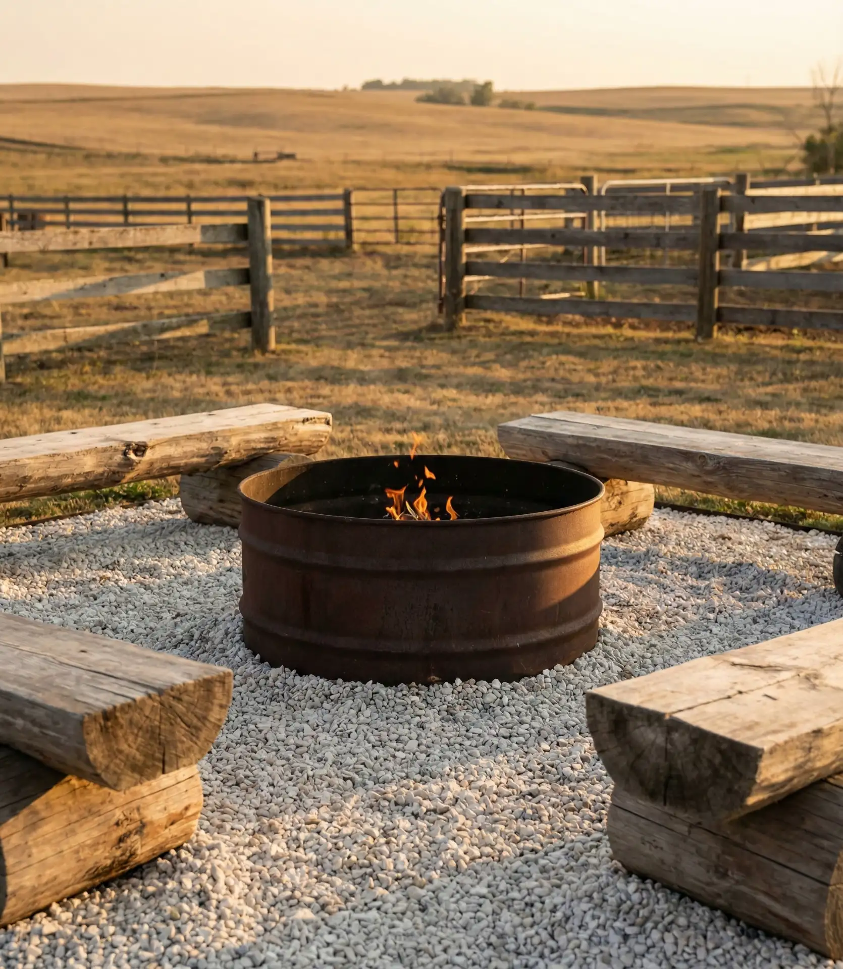 Rustic Barrel Ring Fire Pit on Gravel Base 1
