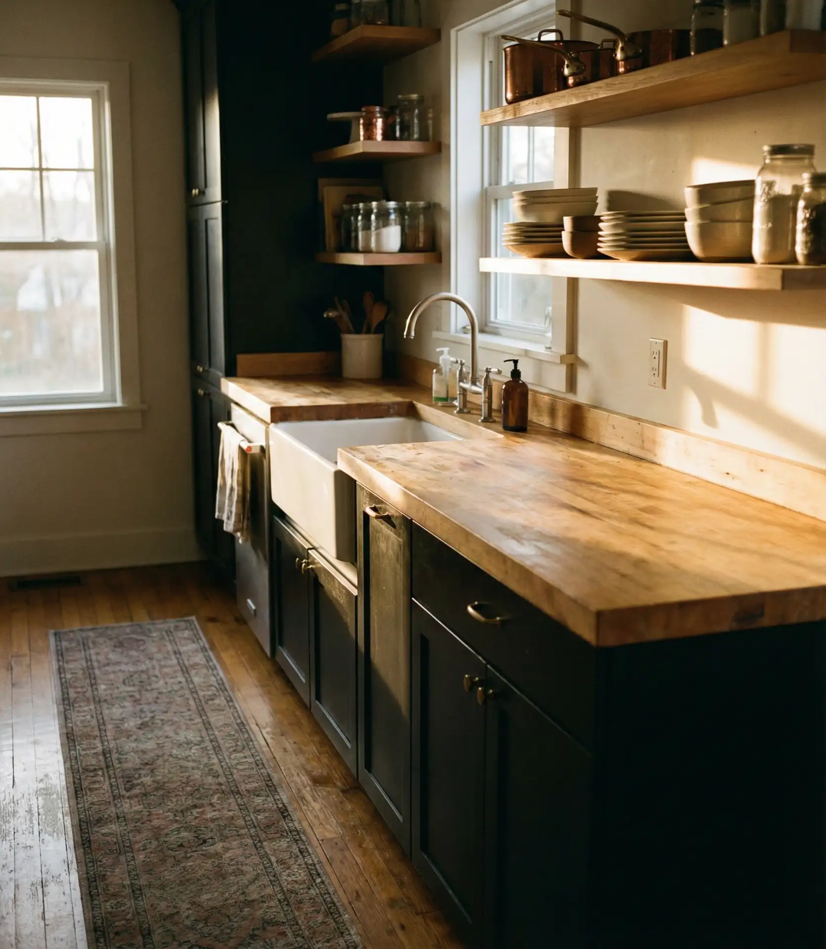Rustic Black Cabinets with Butcher Block Countertops 1