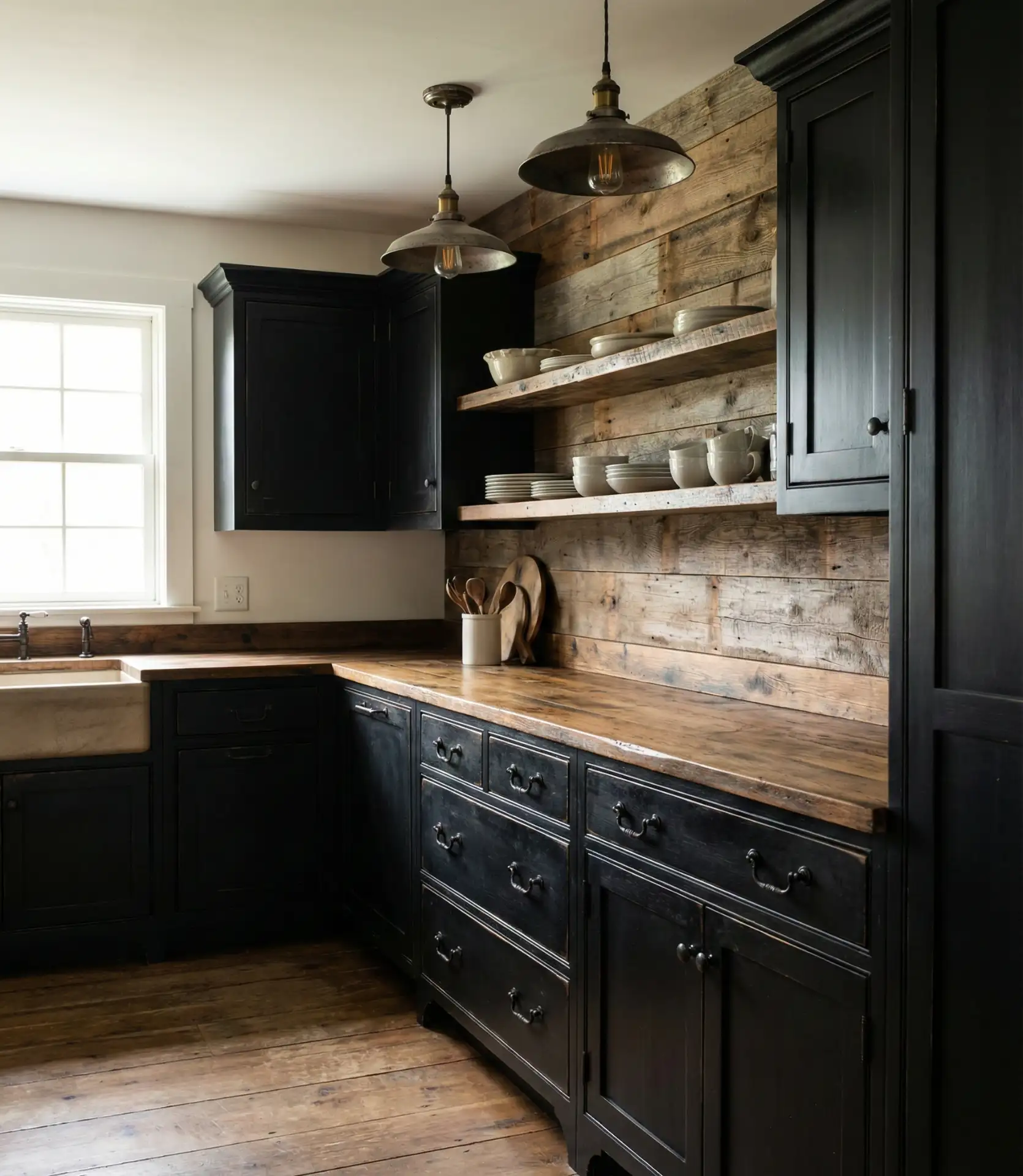 Rustic Black Cabinets with Butcher Block Countertops 2