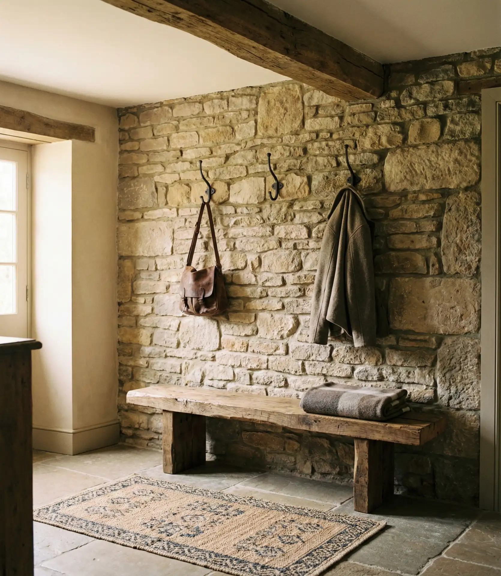 Rustic Entryway with Stone Accent Wall 1