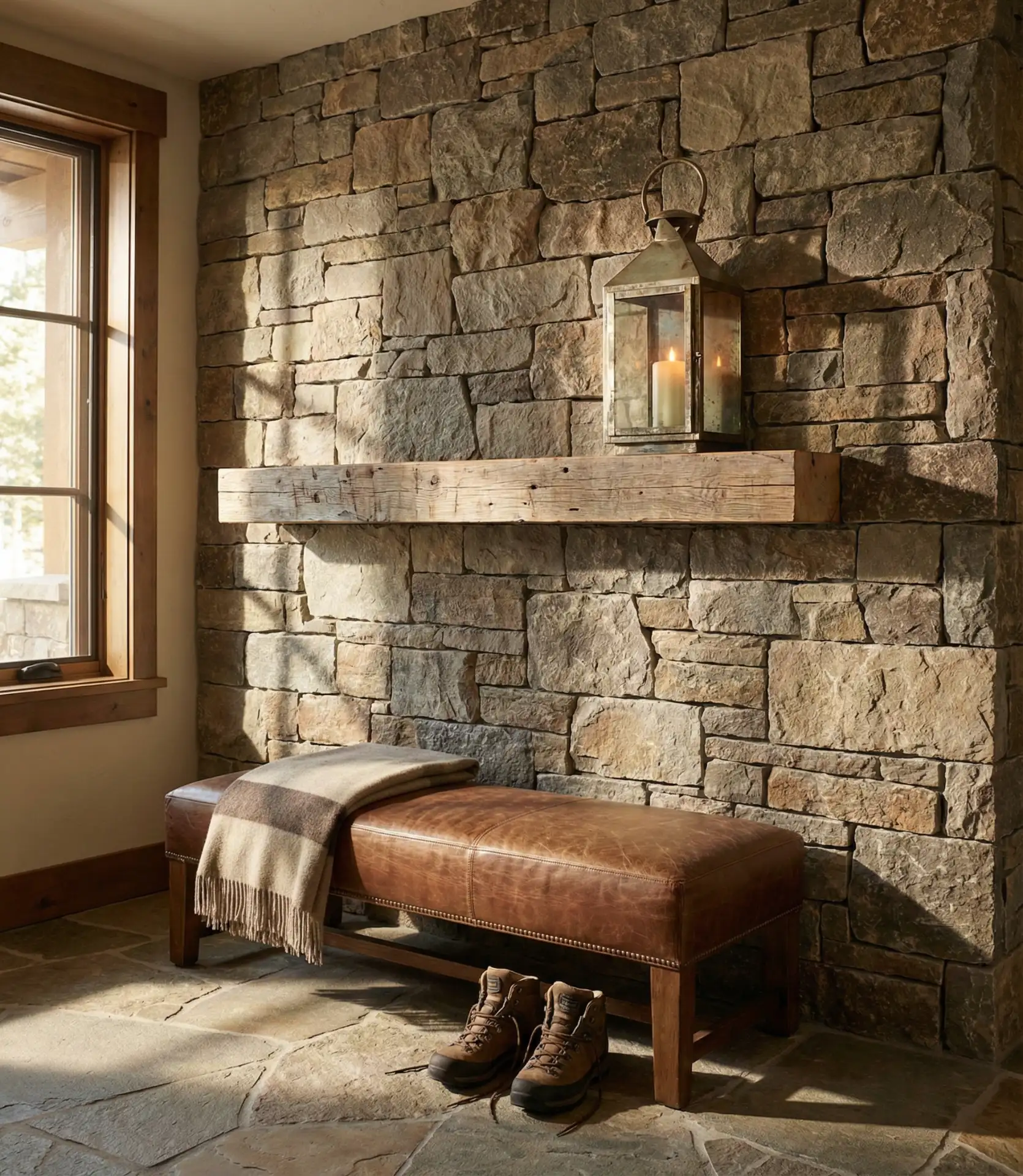 Rustic Entryway with Stone Accent Wall 2