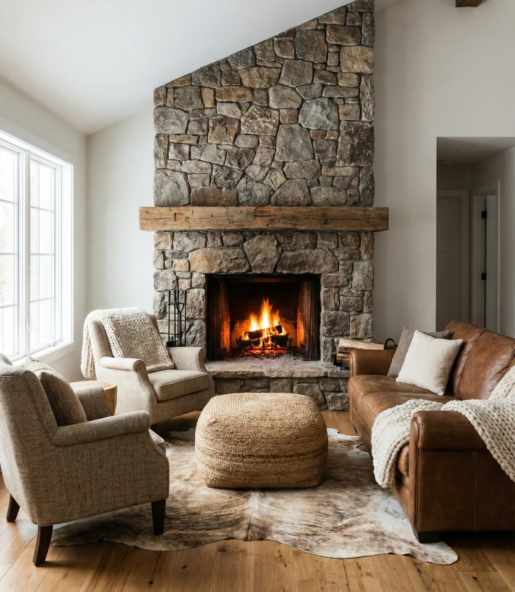 Rustic Living Room with Stone Fireplace Surround 1