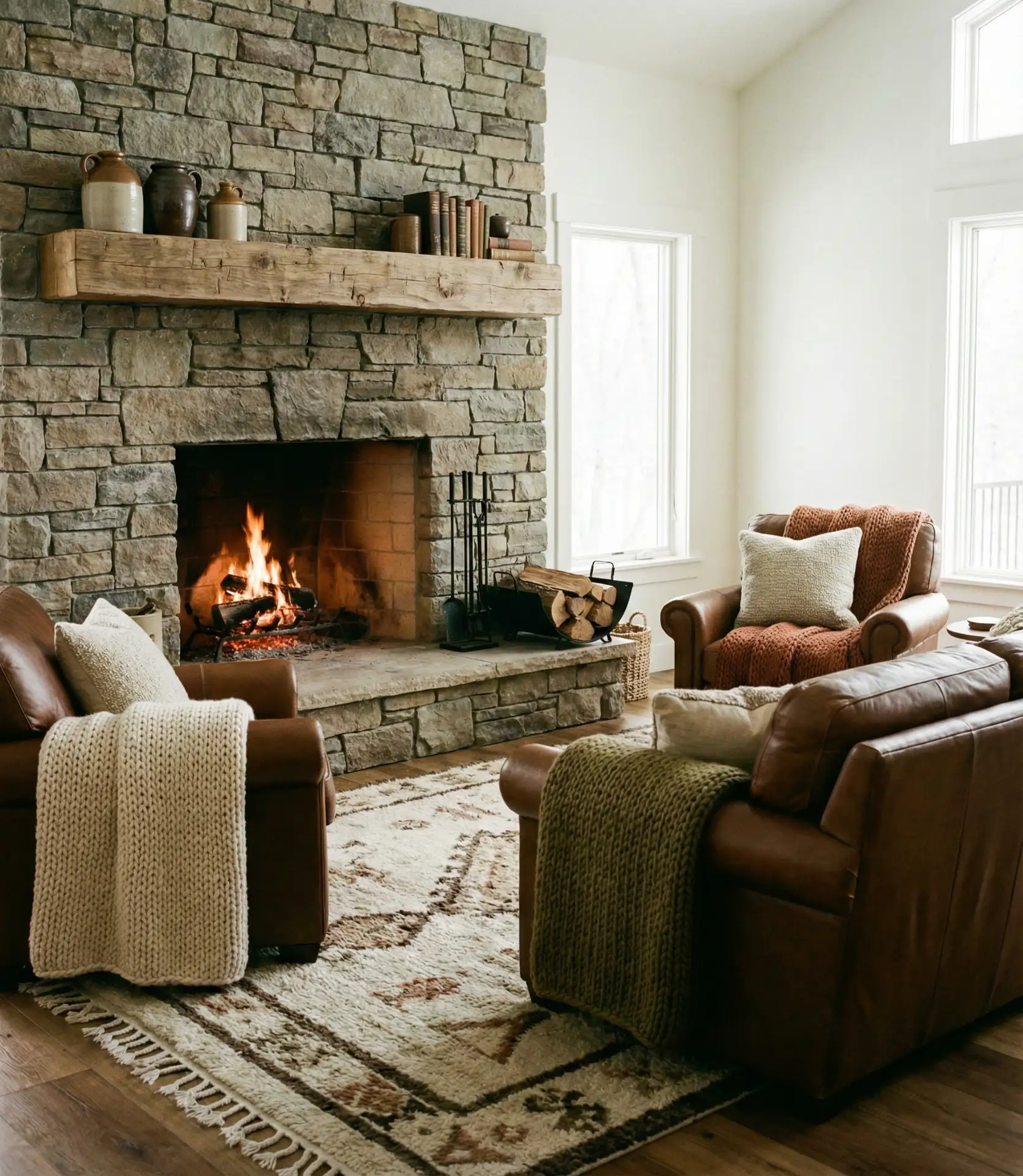 Rustic Living Room with Stone Fireplace Surround 2