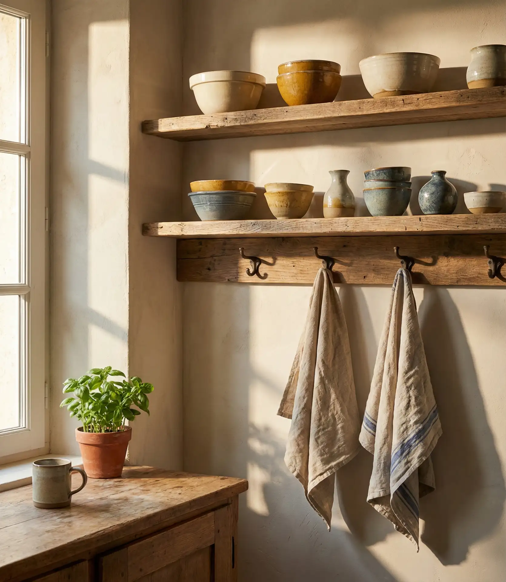 Rustic Open Shelving with Vintage Pottery 1
