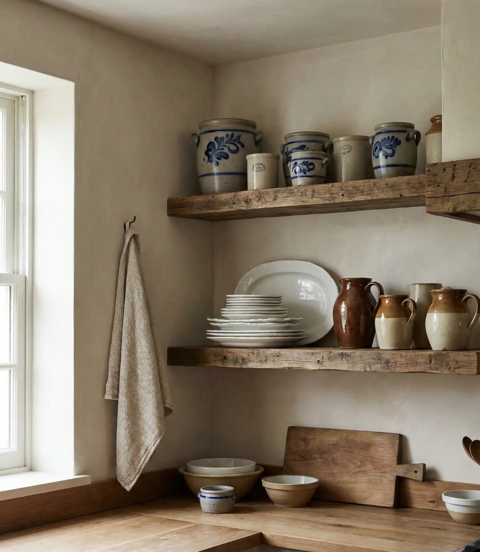Rustic Open Shelving with Vintage Pottery 2