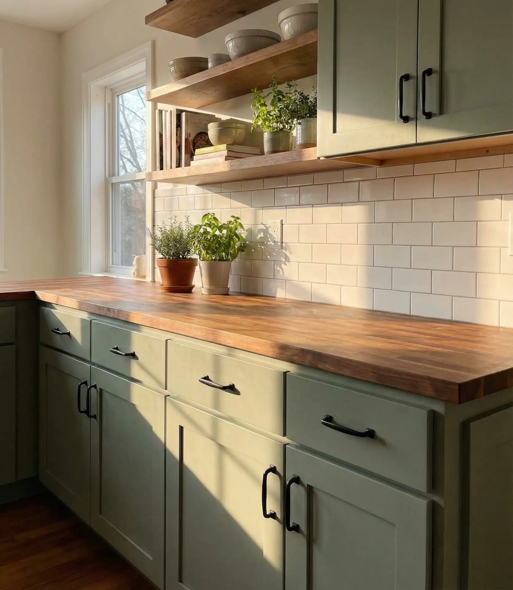 Sage Cabinets with Butcher Block Countertops 1