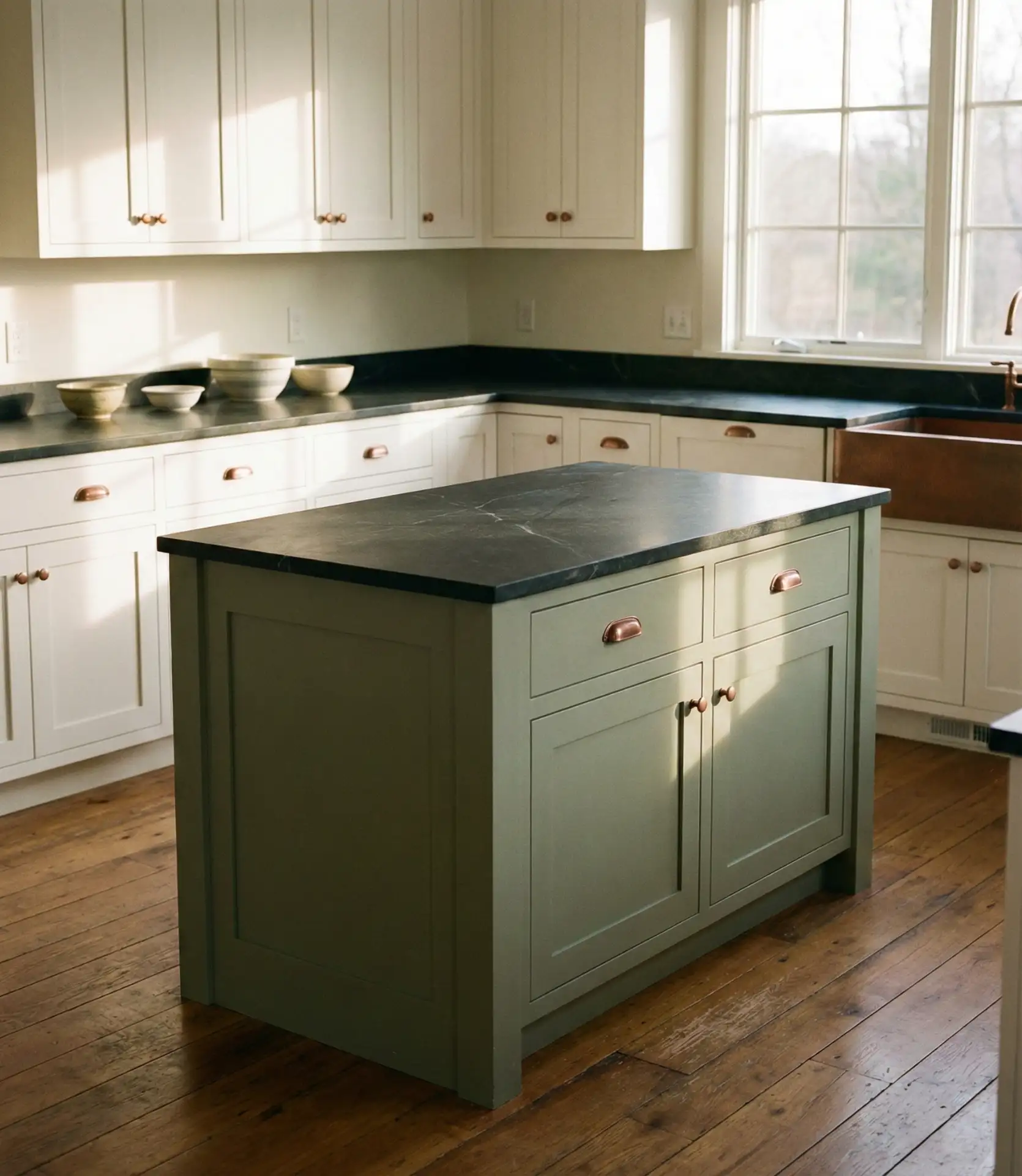 Sage Green Cabinets with Black Countertops 1