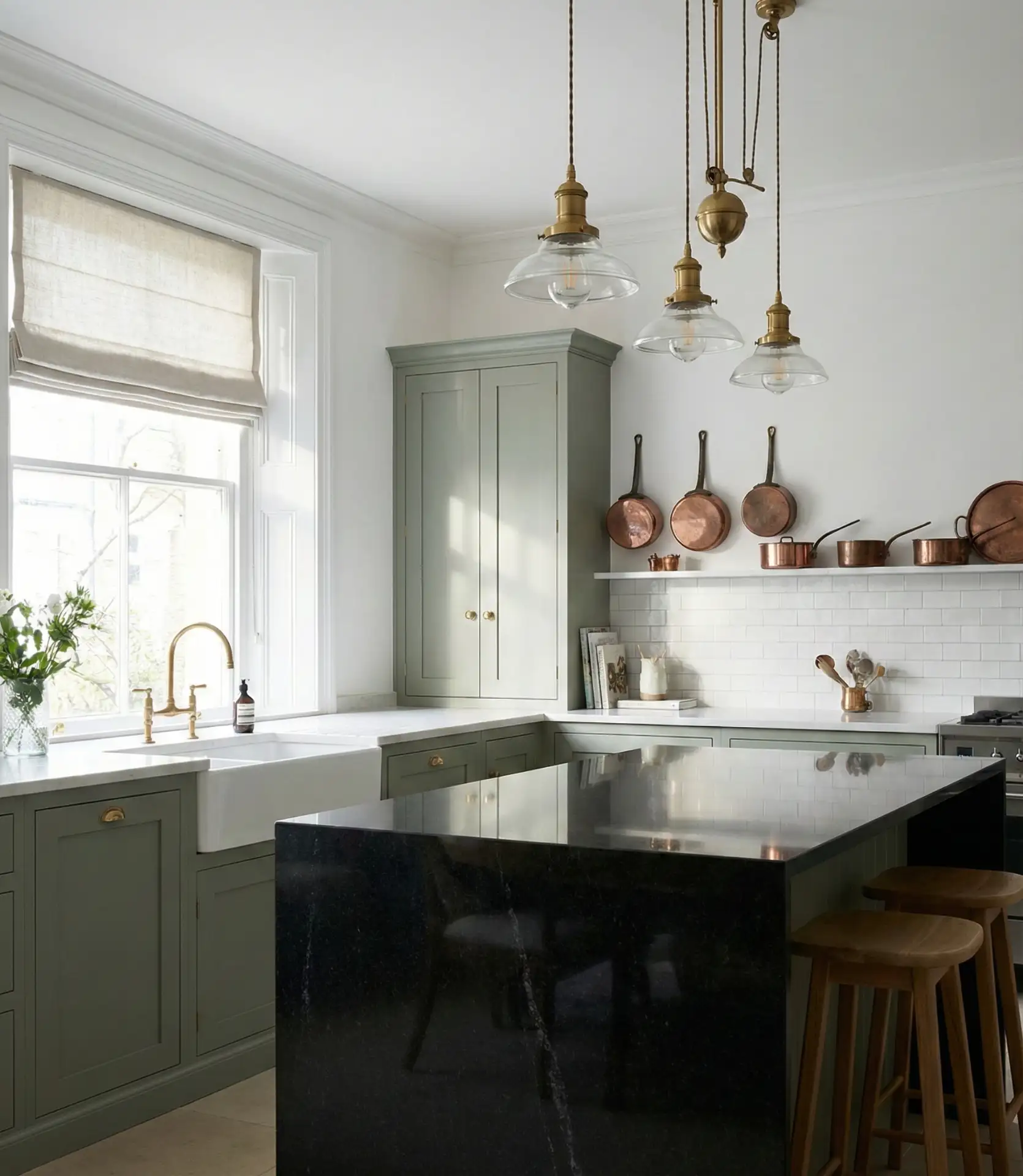Sage Green Cabinets with Black Granite Countertops 1