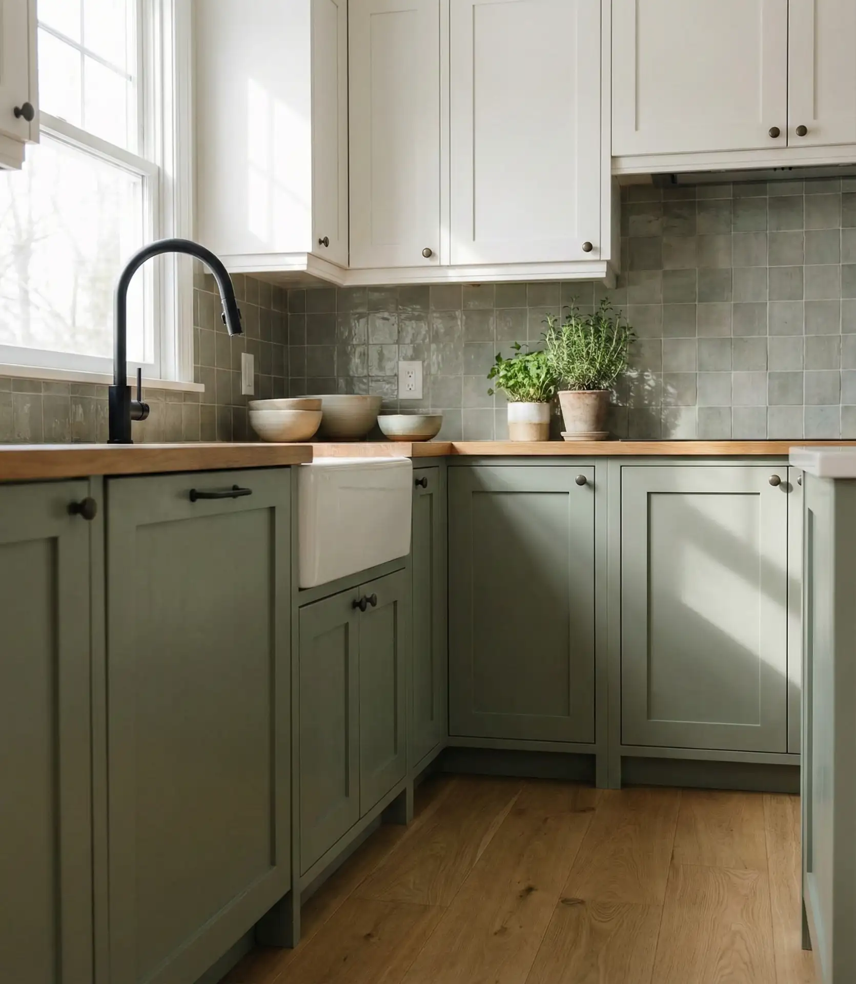 Sage Green Cabinets with a Smart Color Scheme 2