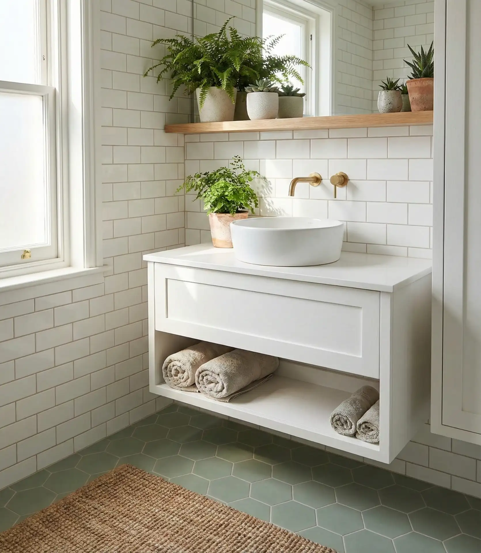 Sage Green Flooring with White Vanity 2