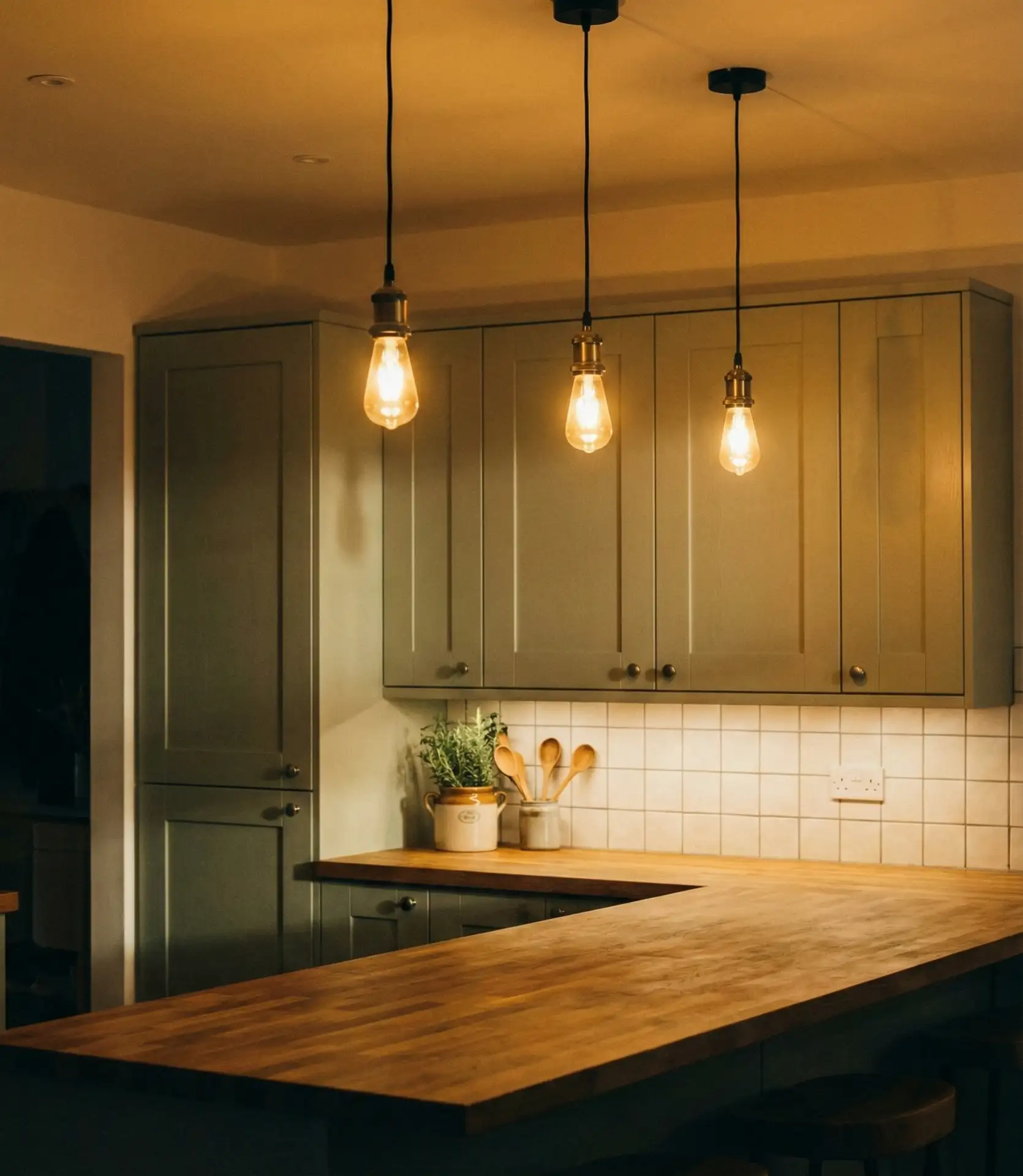 Sage Green Kitchen with Warm Lighting 2