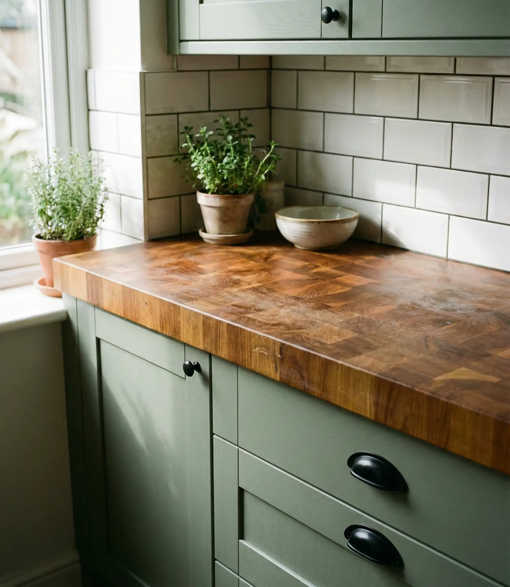 Sage Green Kitchen with Wooden Worktop 1