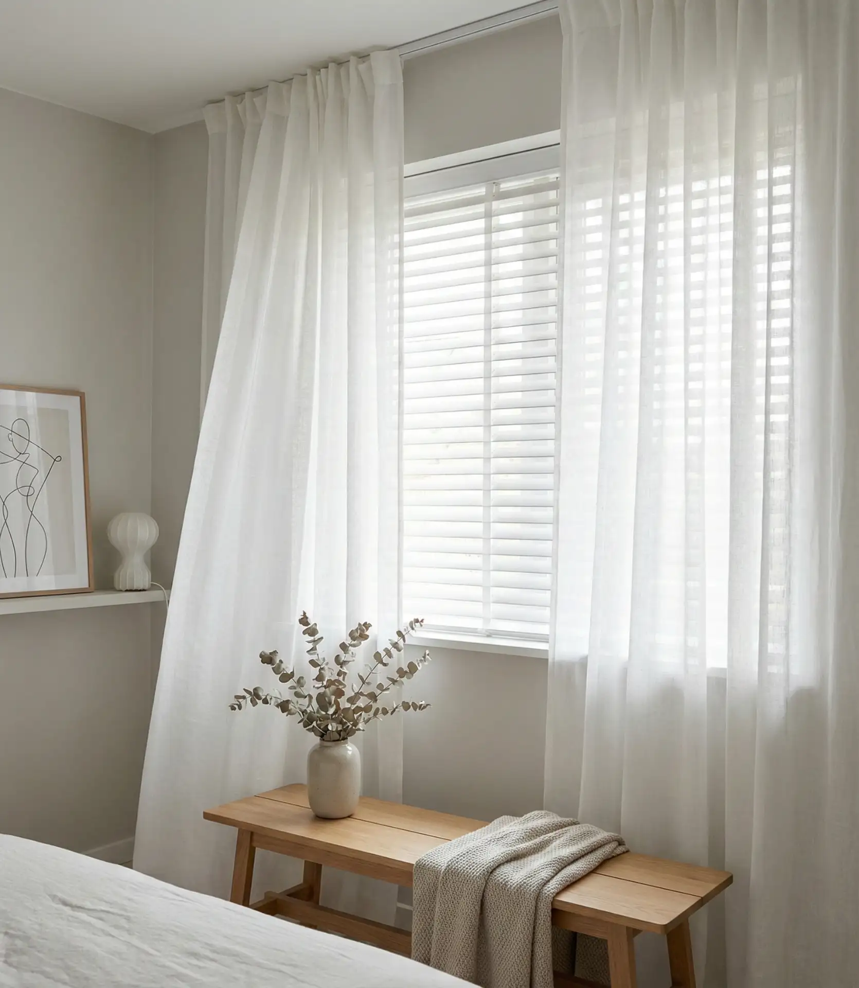 Sheer White Curtains with Blinds for Layered Control 2