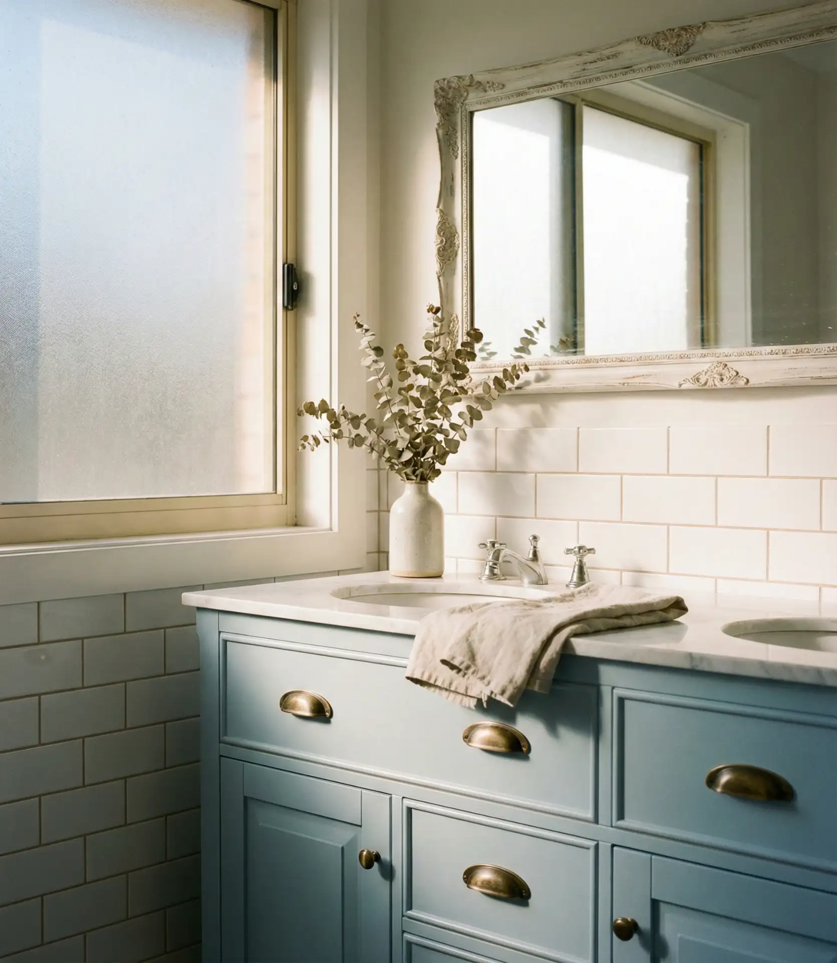 Soft Powder Blue Vanity with Brass Hardware 1