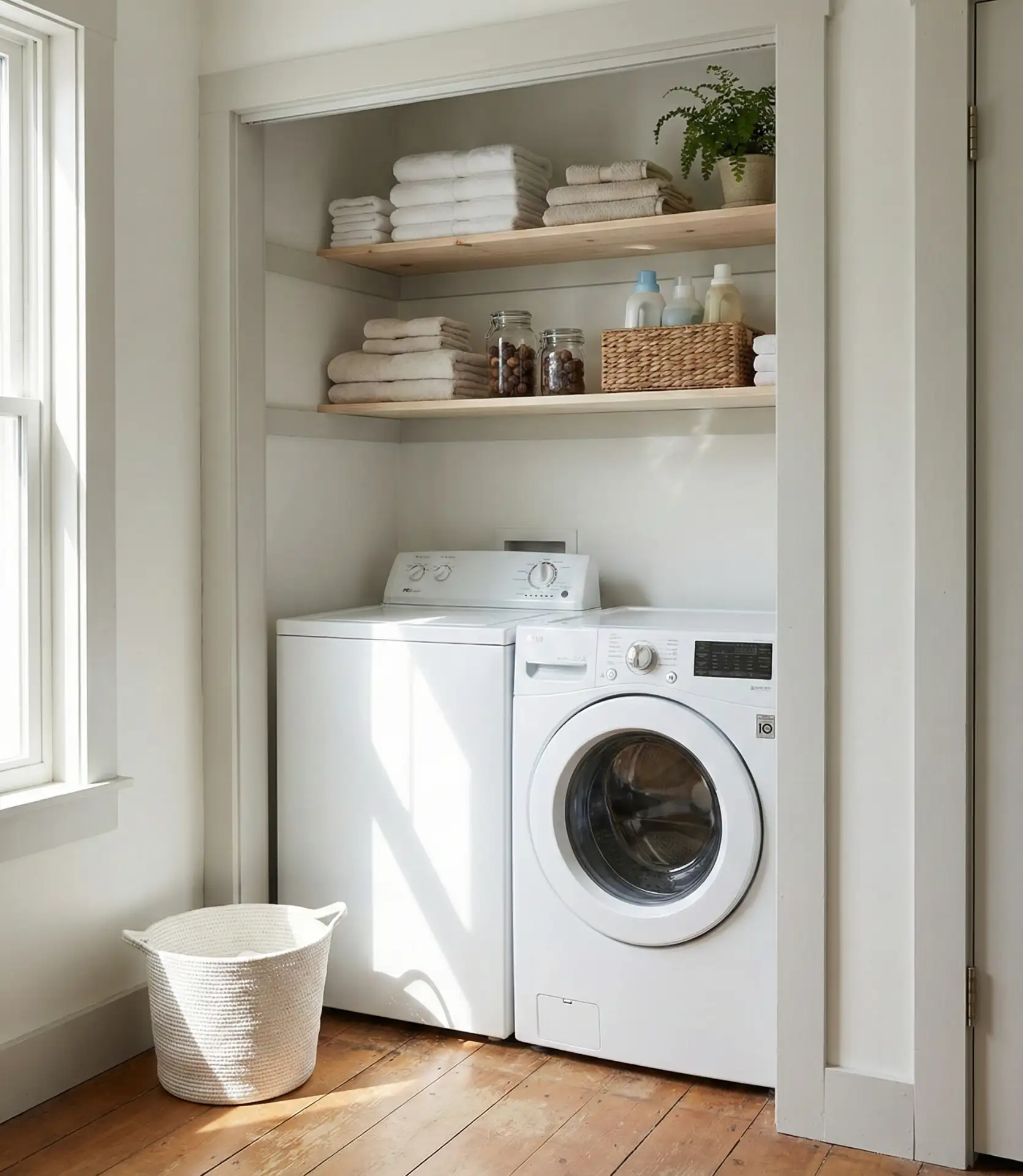 Stacked Washer and Dryer with Open Shelving 1