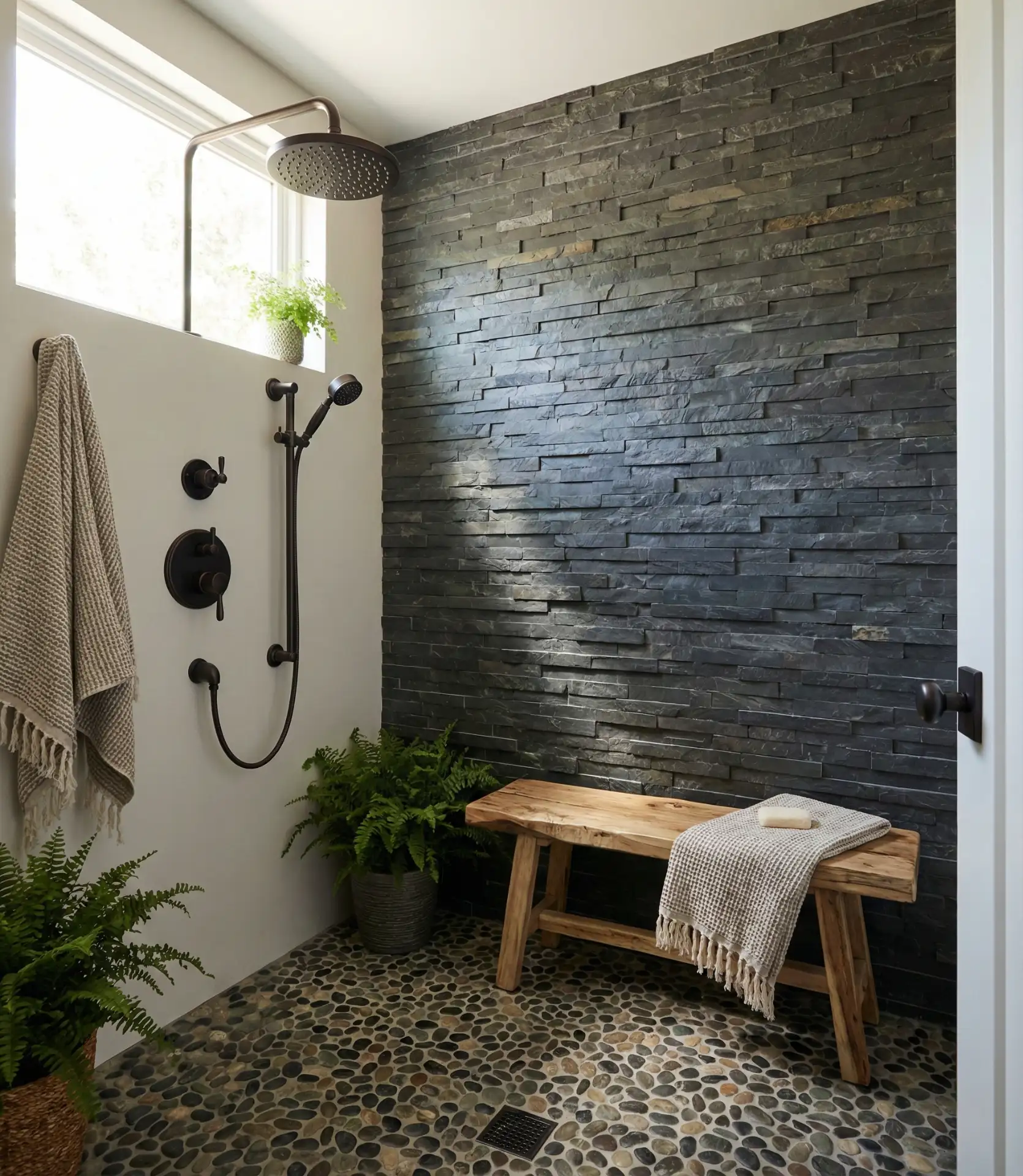 Stone Accent Walk-In Shower with Natural Elements 1