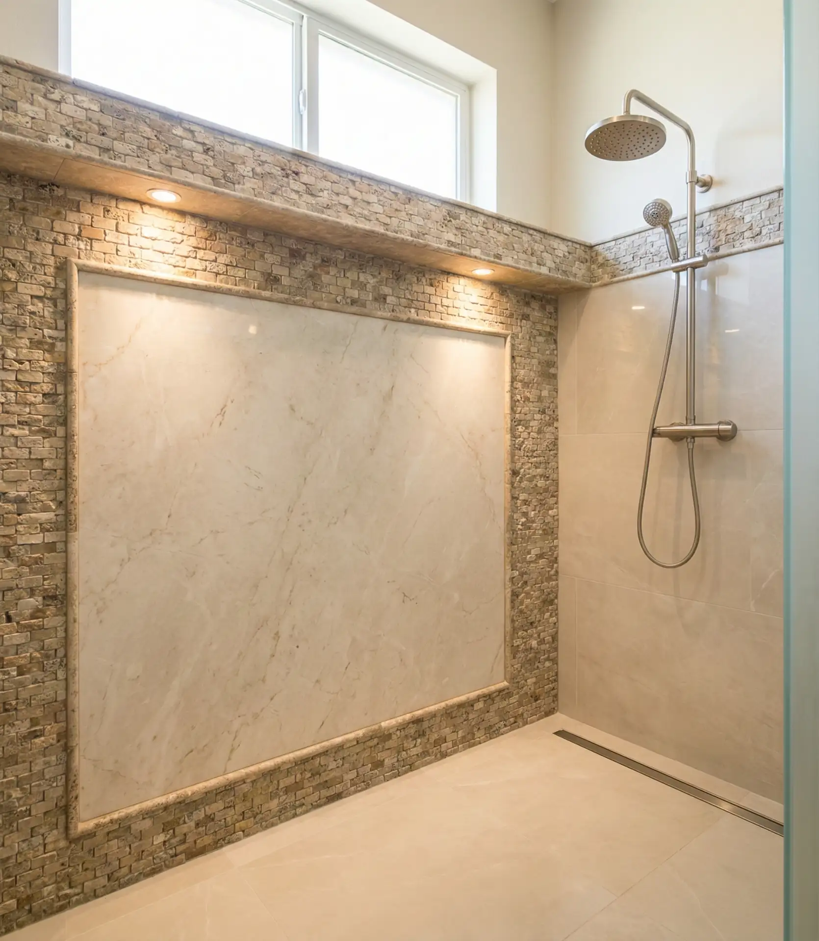 Stone Accent Walk-In Shower with Natural Elements 2