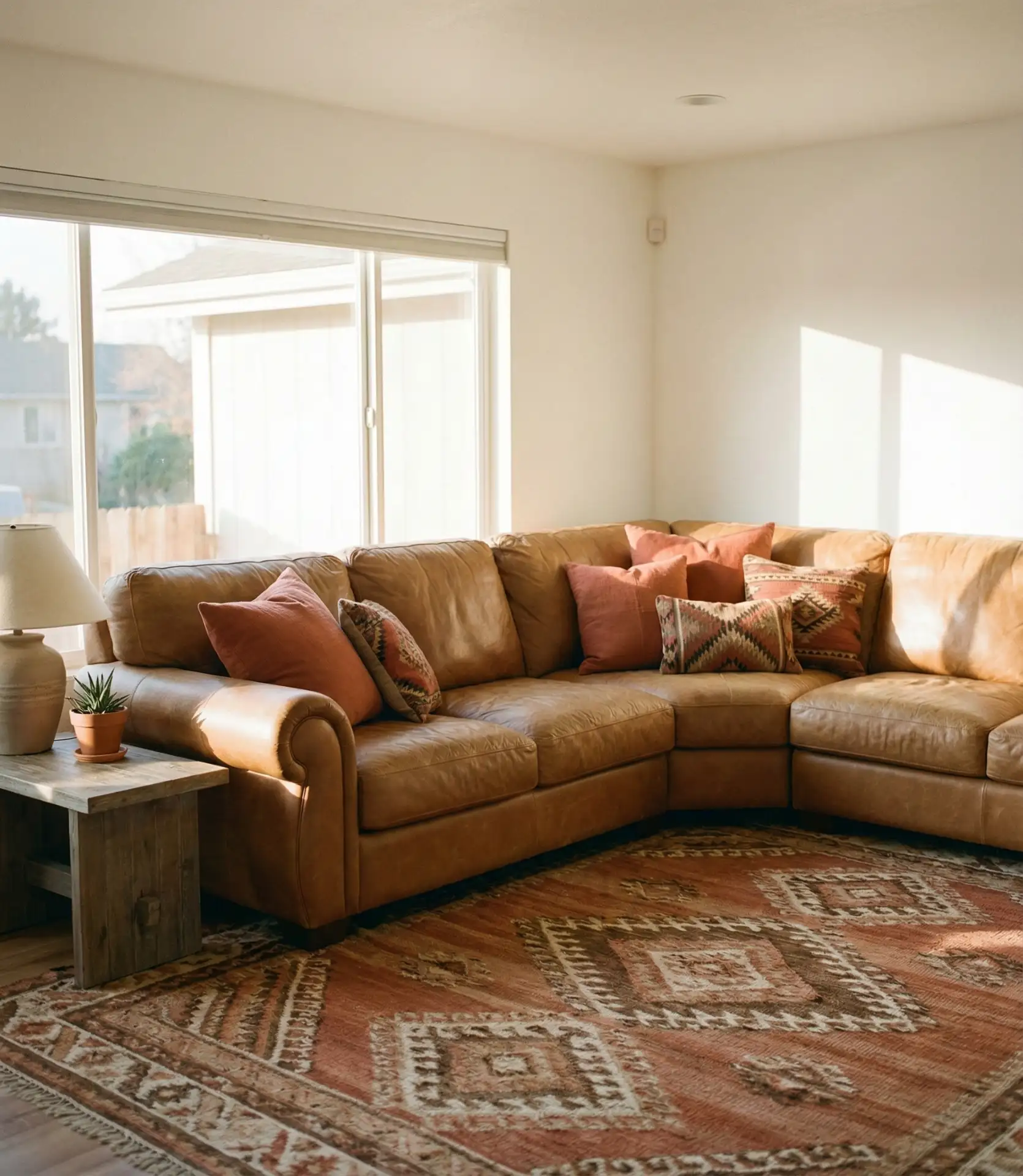 Tan Leather Sectional with Earthy Warmth 1