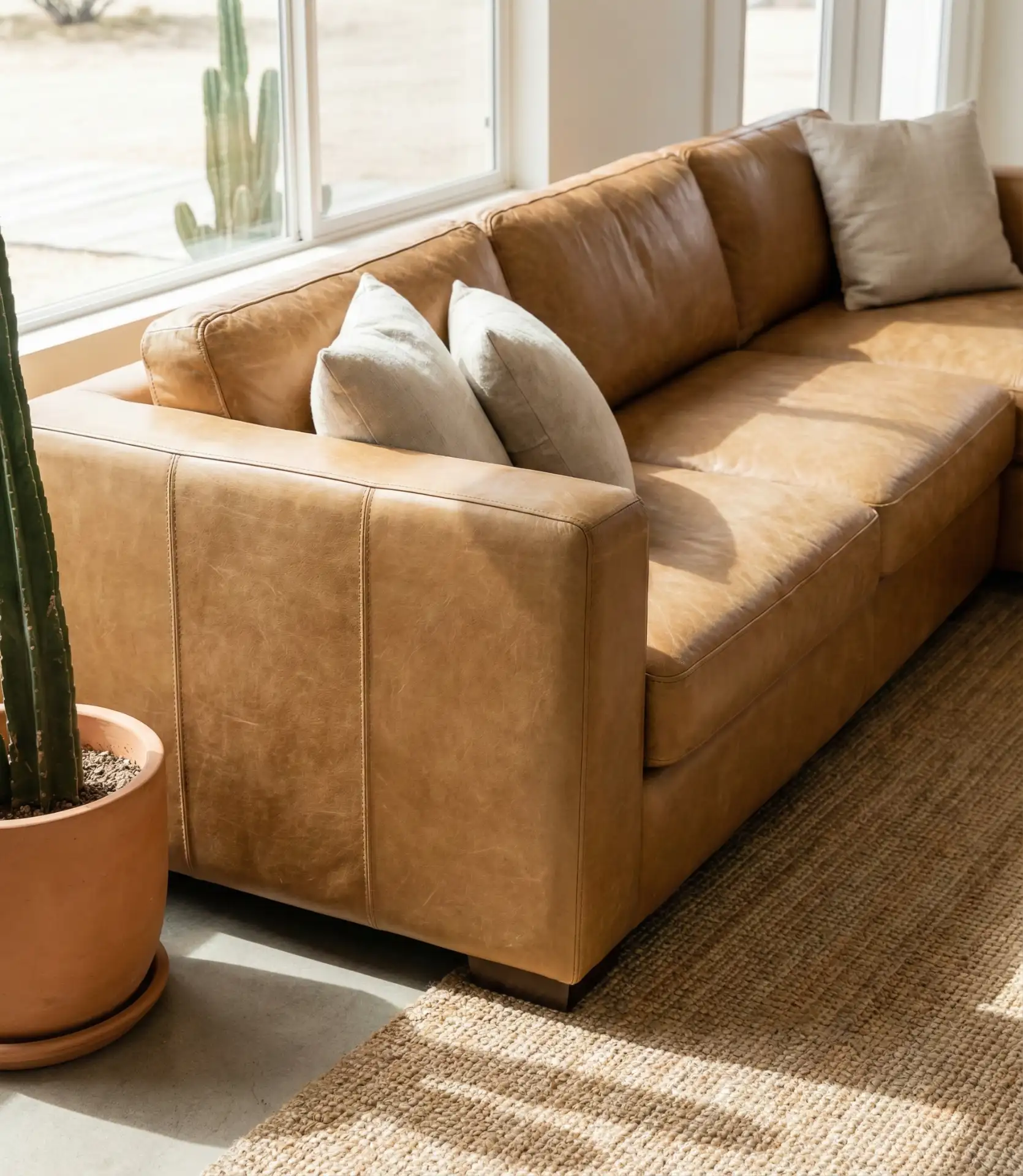 Tan Leather Sectional with Earthy Warmth 2