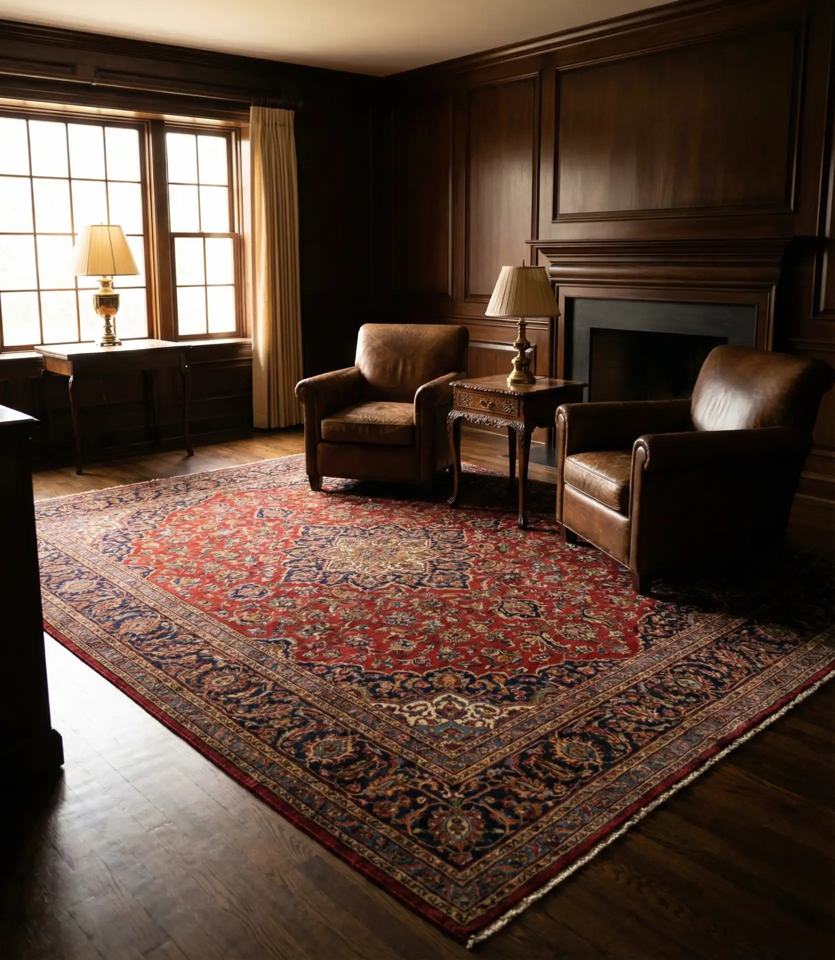 Traditional Warmth with Persian Rugs and Wood Paneling 1