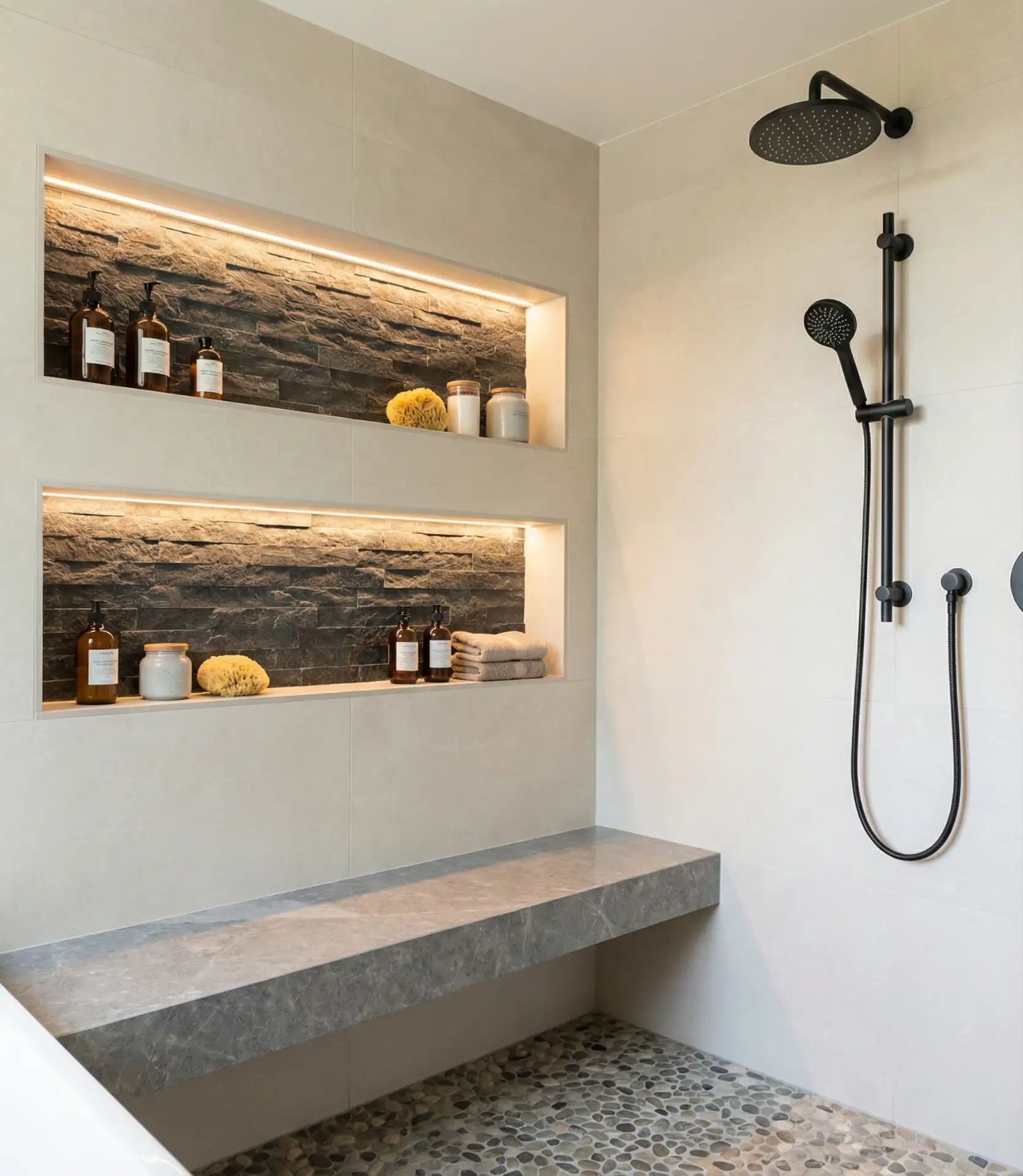 Walk-In Shower with Bench and Built-In Niches 2