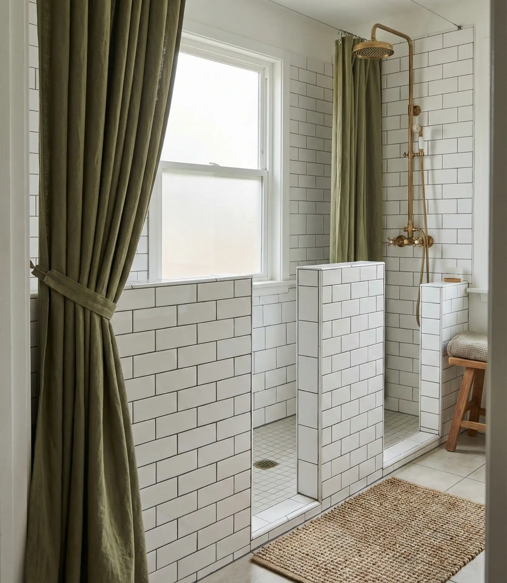 Walk-In Shower with Curtain and Half Wall Hybrid 1