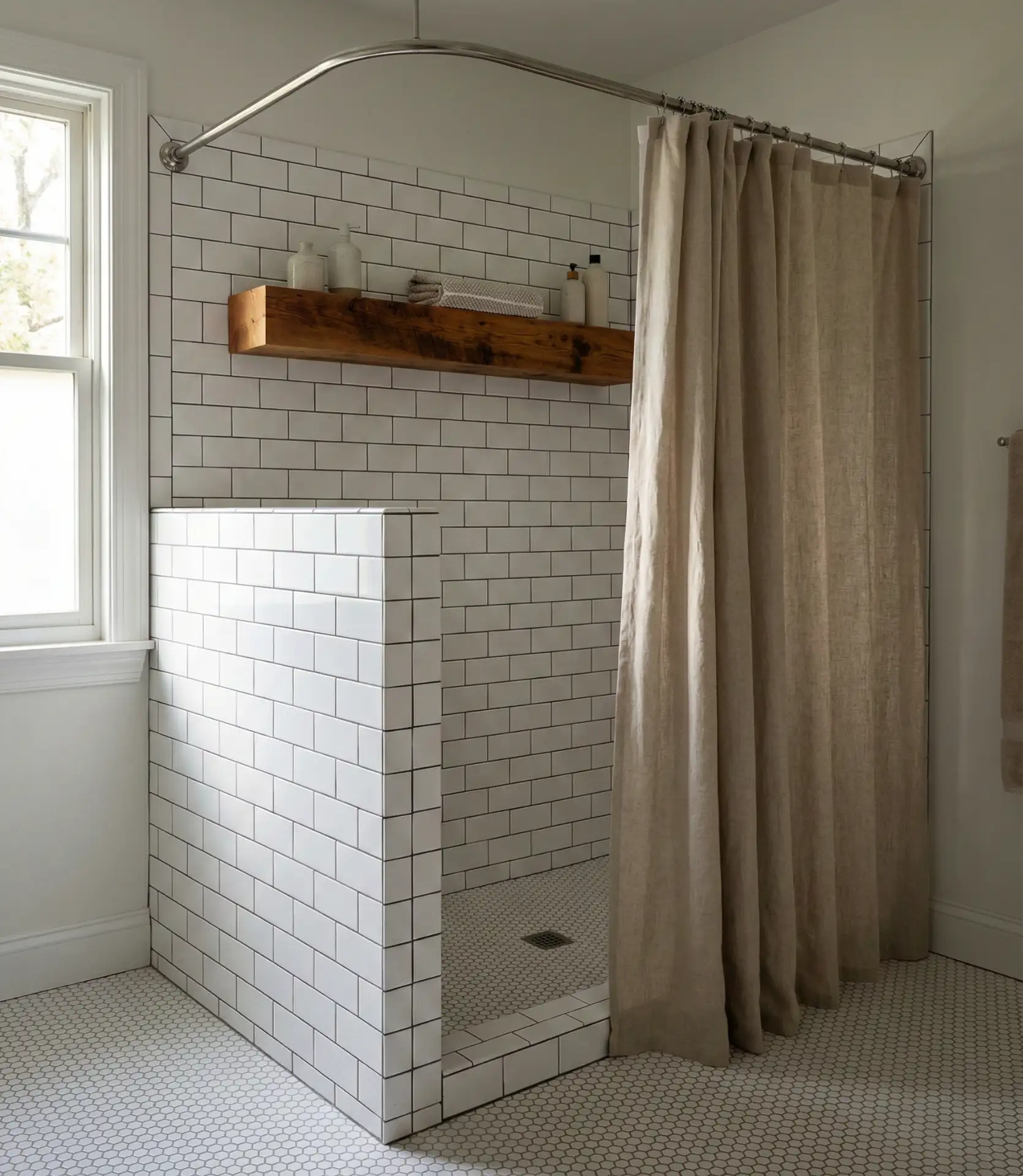 Walk-In Shower with Curtain and Half Wall Hybrid 2