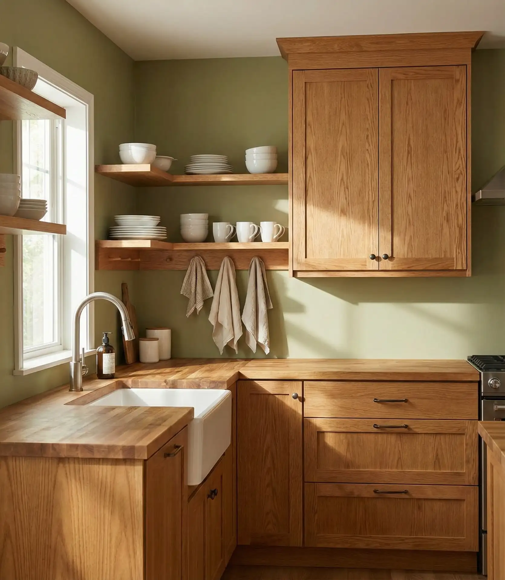 Warm Oak Cabinets with Olive Green Walls 1
