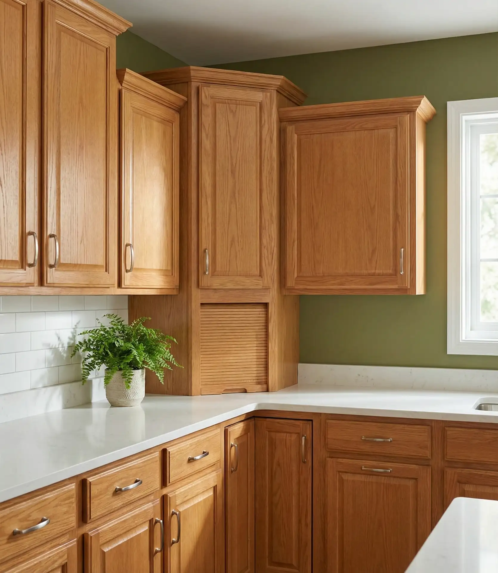 Warm Oak Cabinets with Olive Green Walls 2